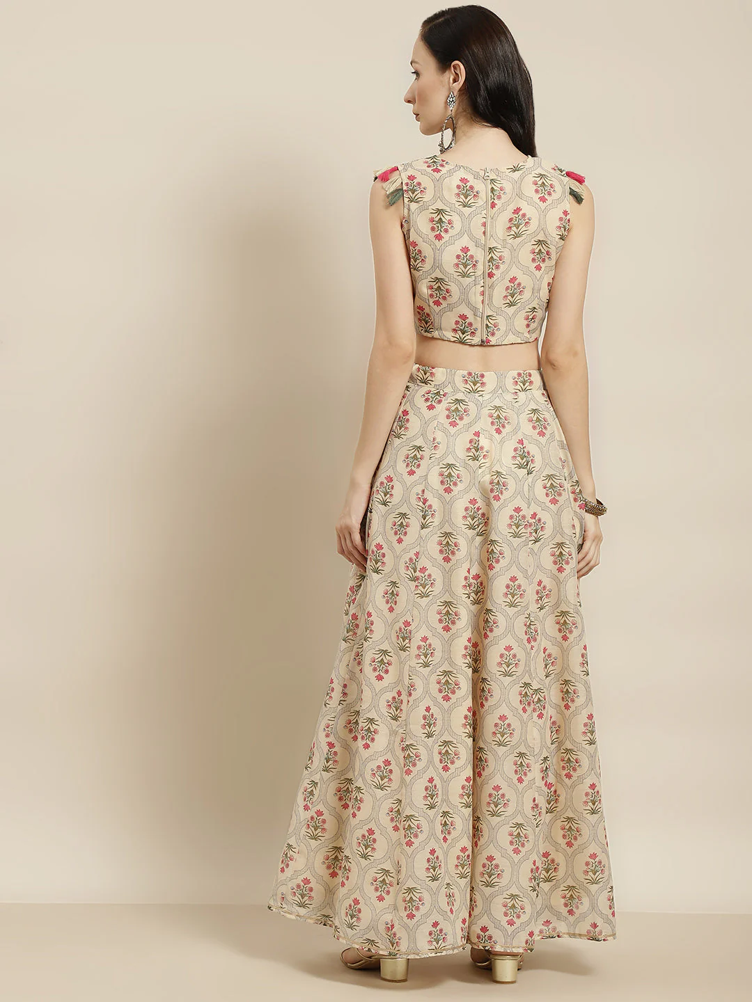 Women Beige Mughal Floral Crop Top With Anarkali Skirt - Image 5