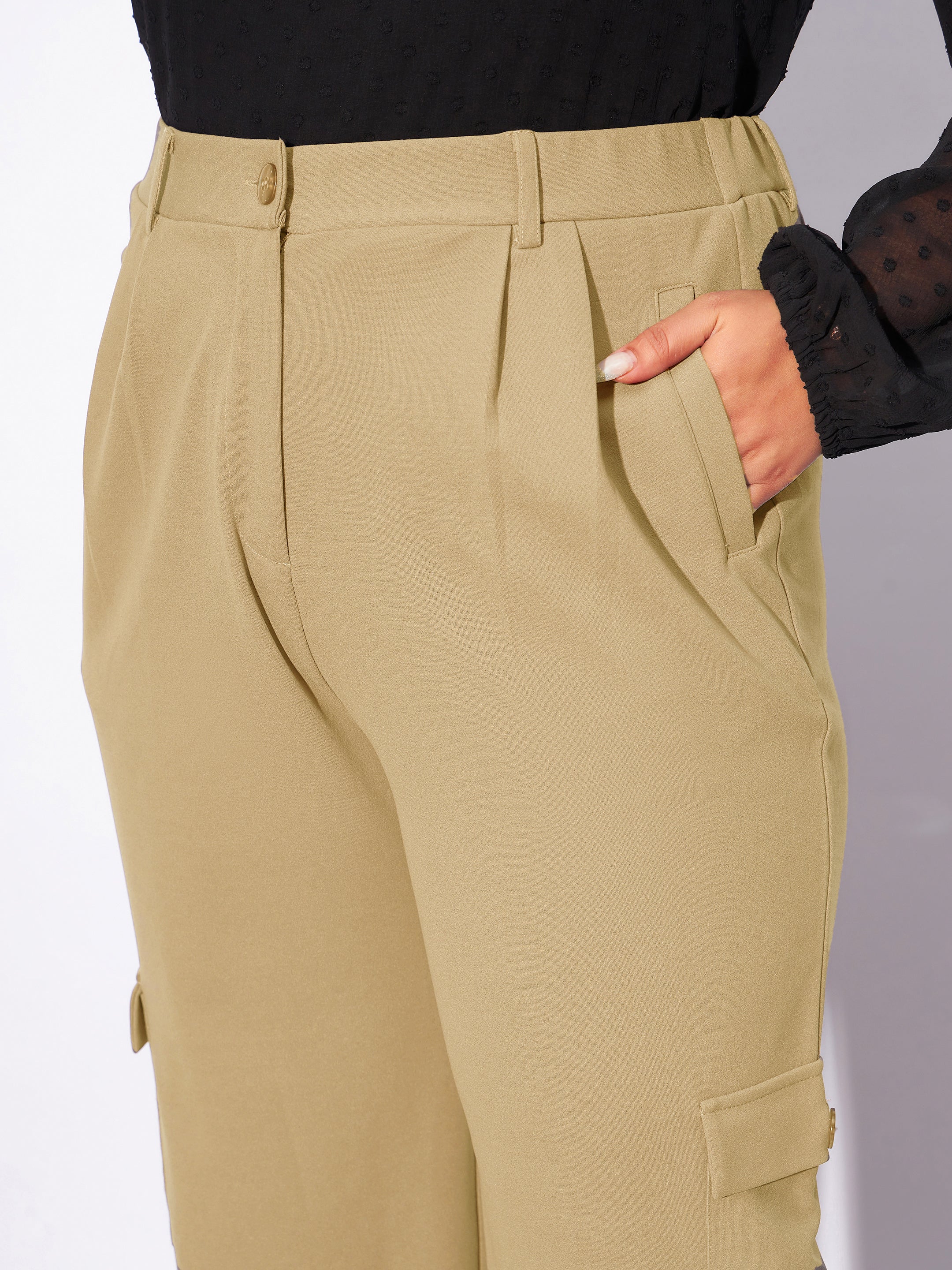 Women Beige Multi Pockets Cargo Pants - Image 4