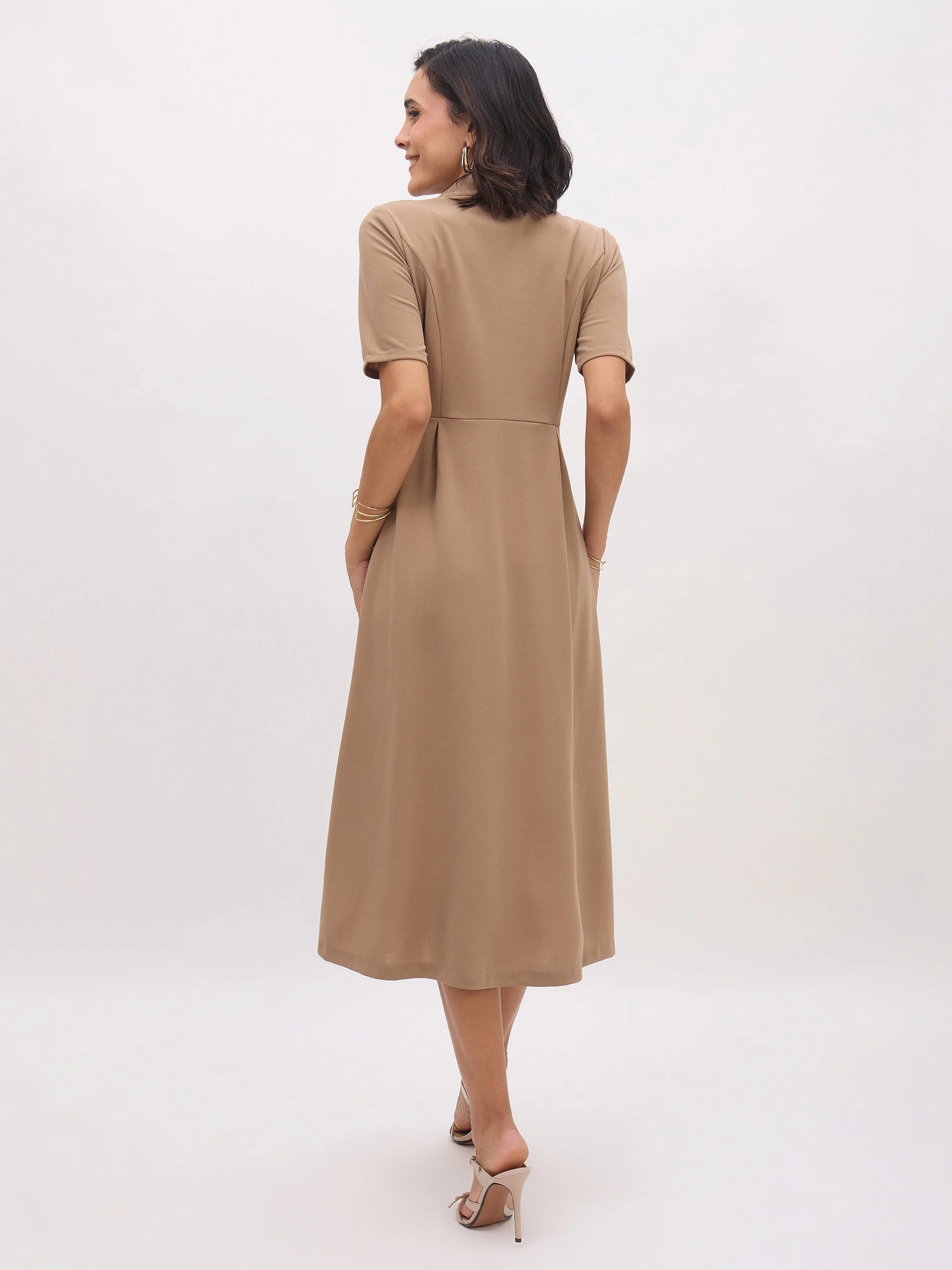 Women Beige Notch Collar Button Midi Dress - Image 2