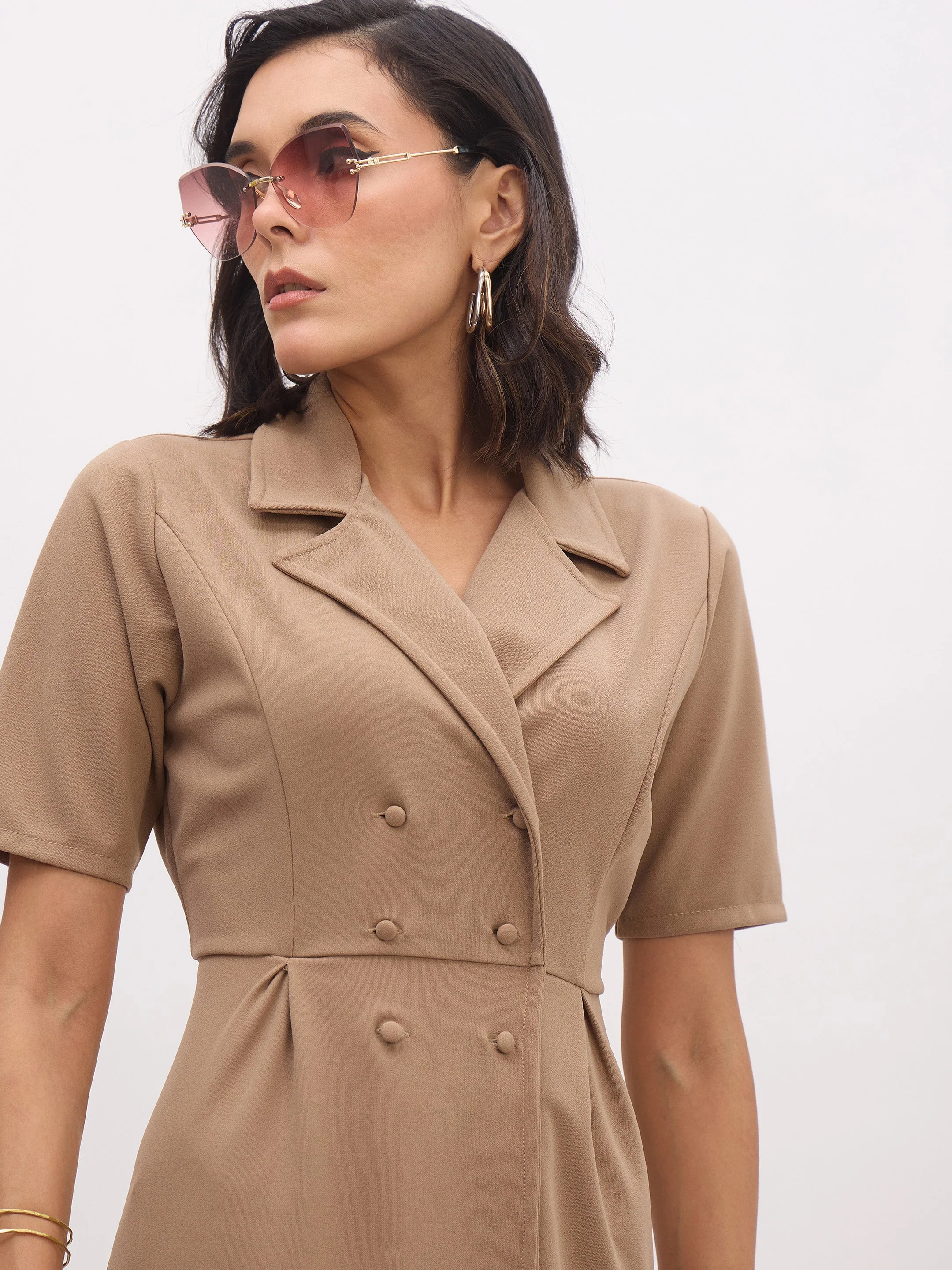 Women Beige Notch Collar Button Midi Dress - Image 3