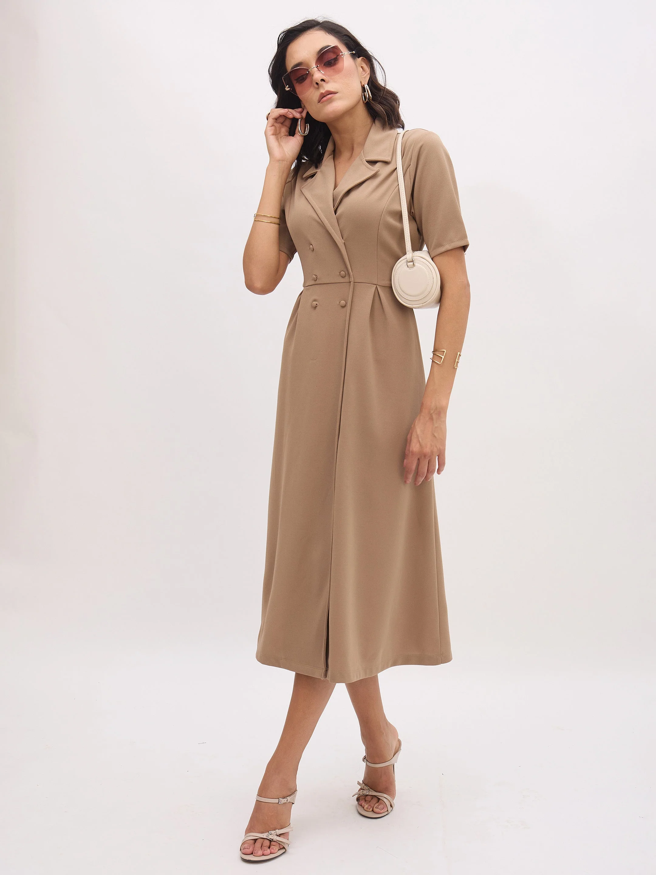 Women Beige Notch Collar Button Midi Dress - Image 4