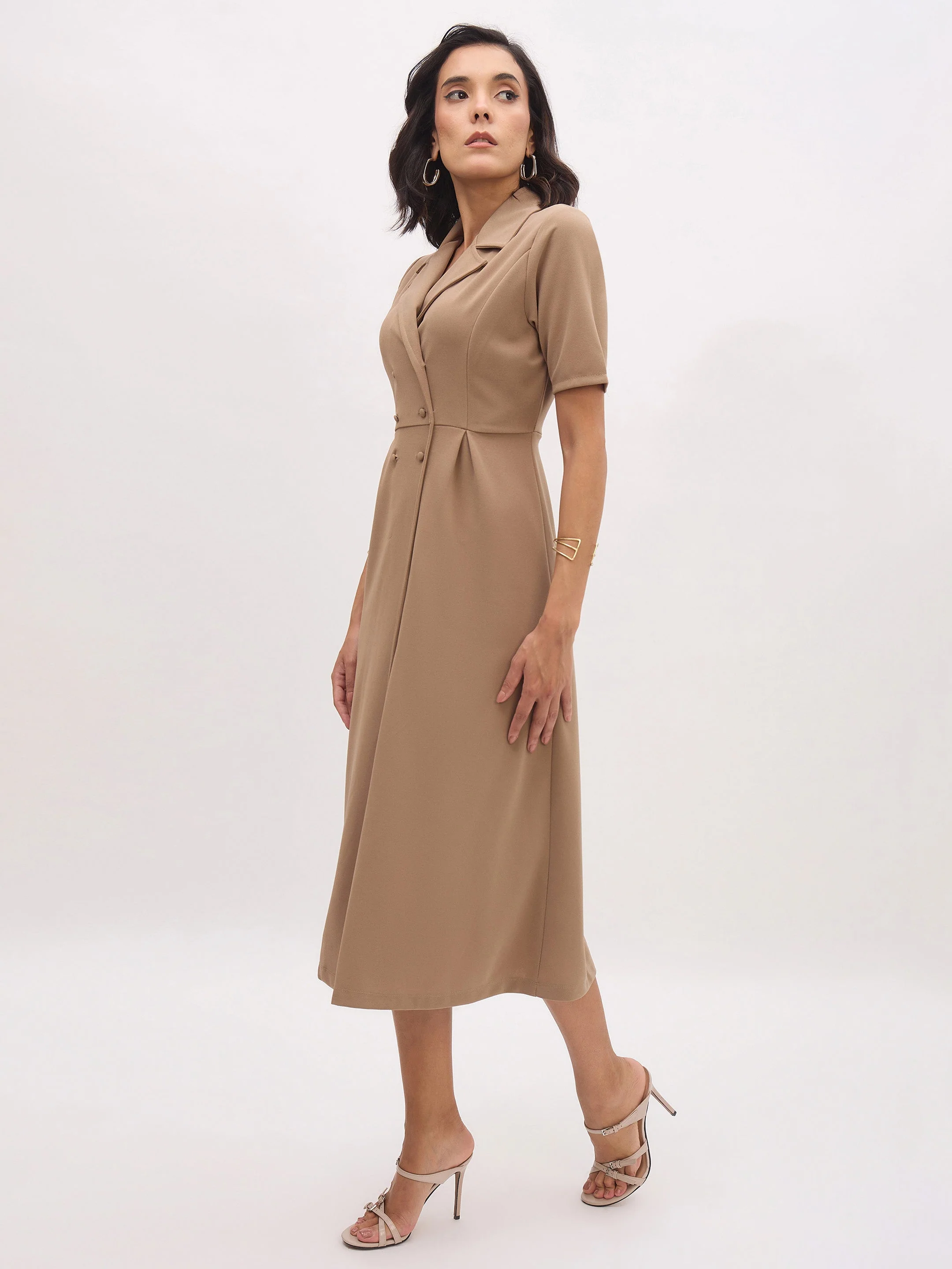 Women Beige Notch Collar Button Midi Dress - Image 5