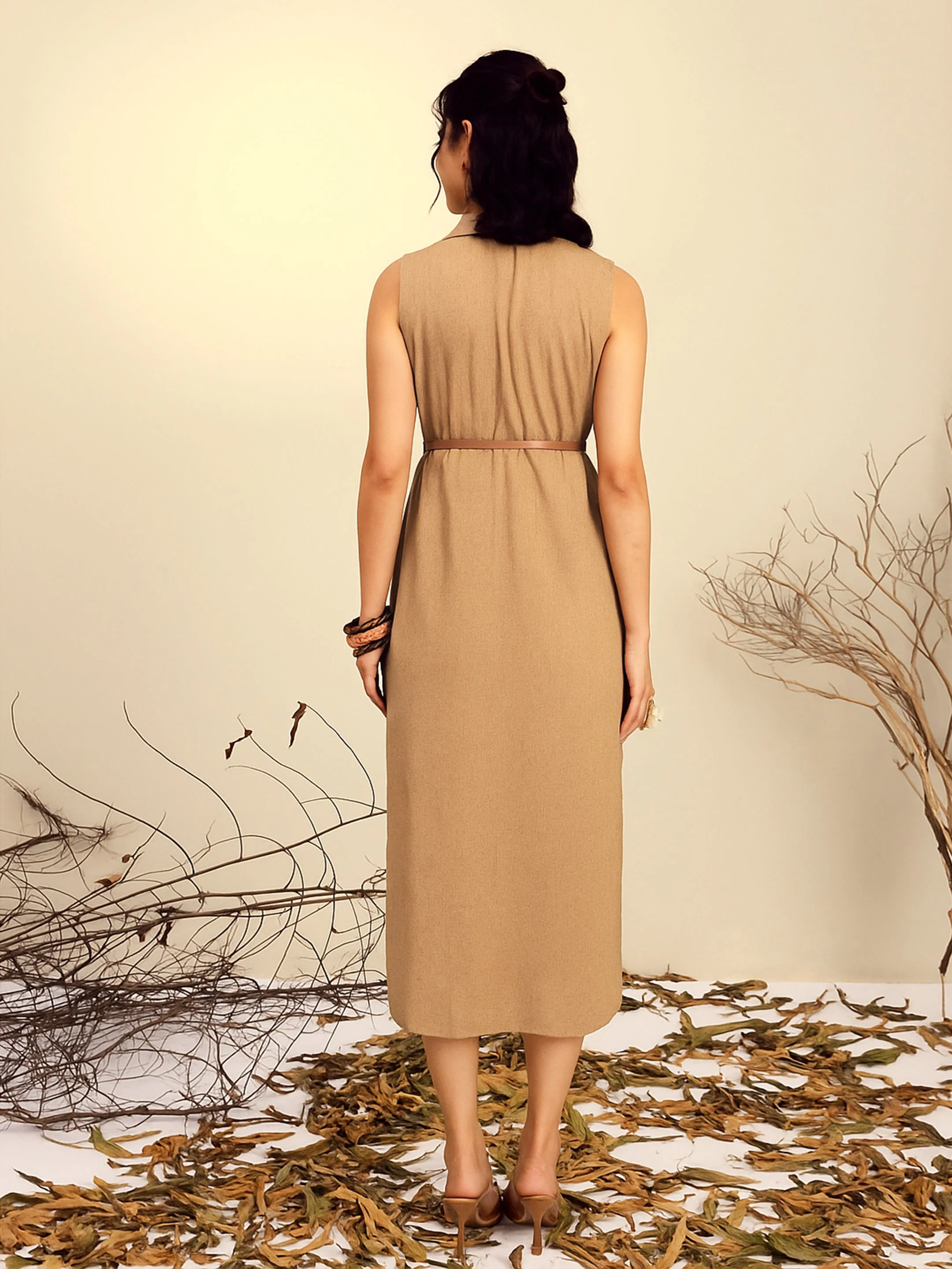 Women Beige Notch Collar Front Slit Midi Dress - Image 5