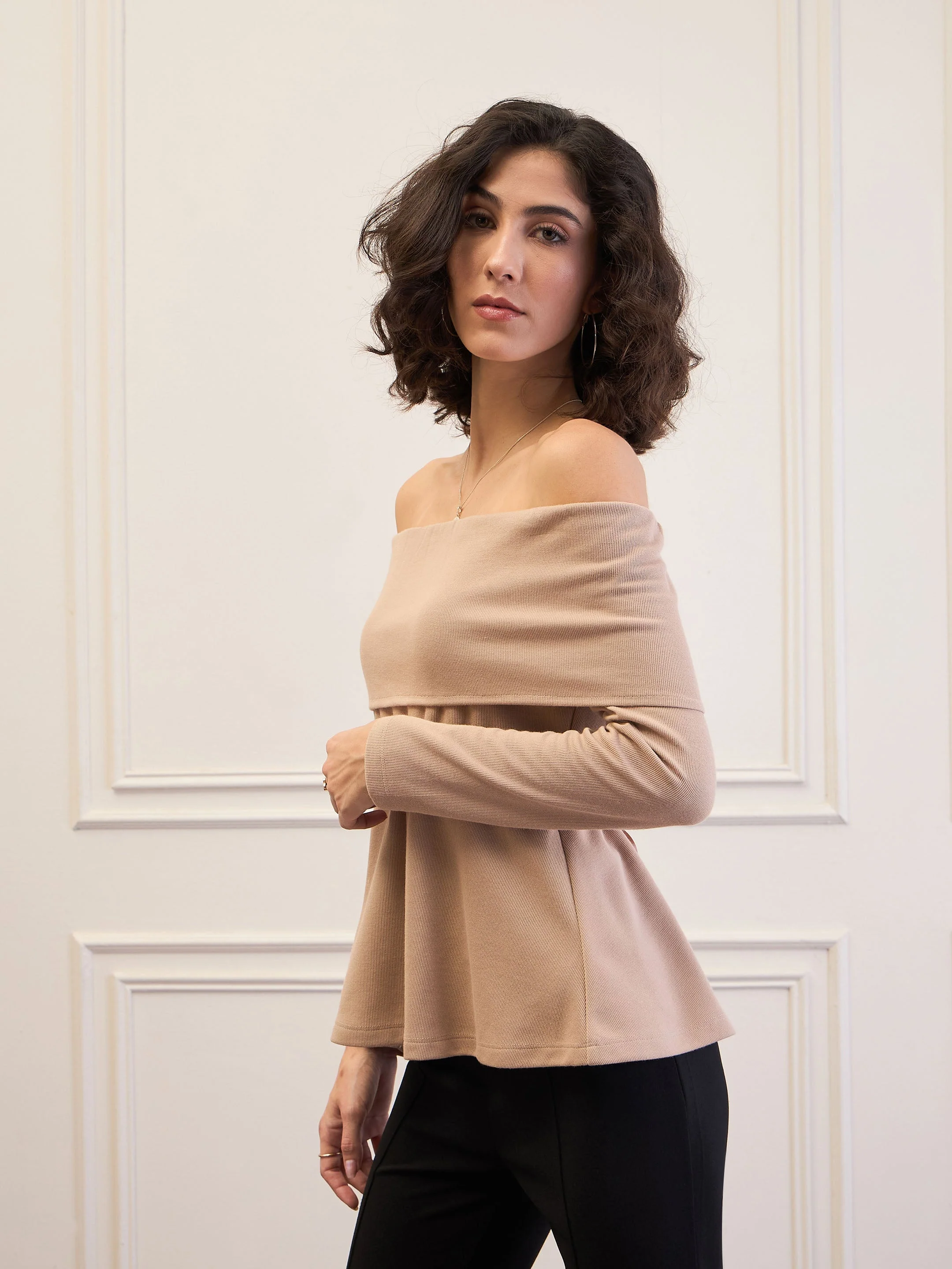 Women Beige Off-Shoulder Belted Peplum Top - Image 2