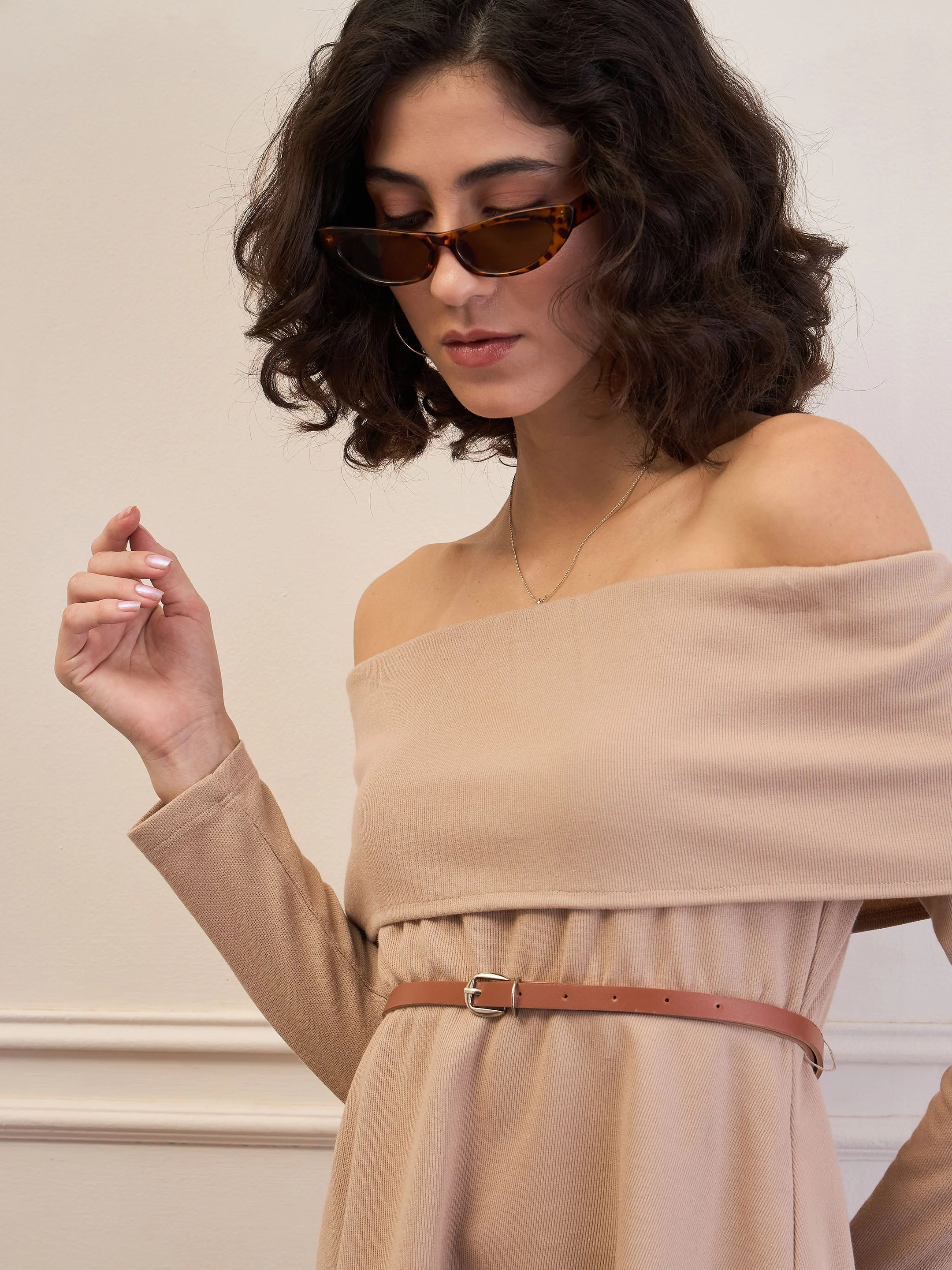 Women Beige Off-Shoulder Belted Peplum Top - Image 3