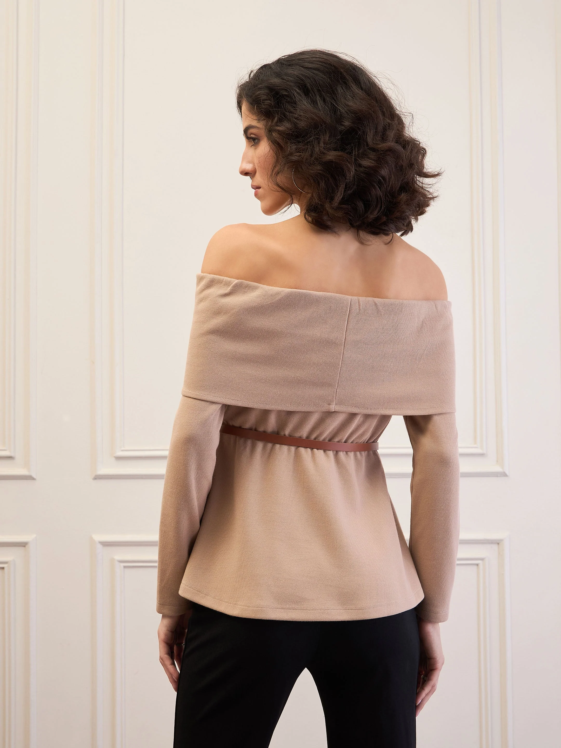 Women Beige Off-Shoulder Belted Peplum Top - Image 4