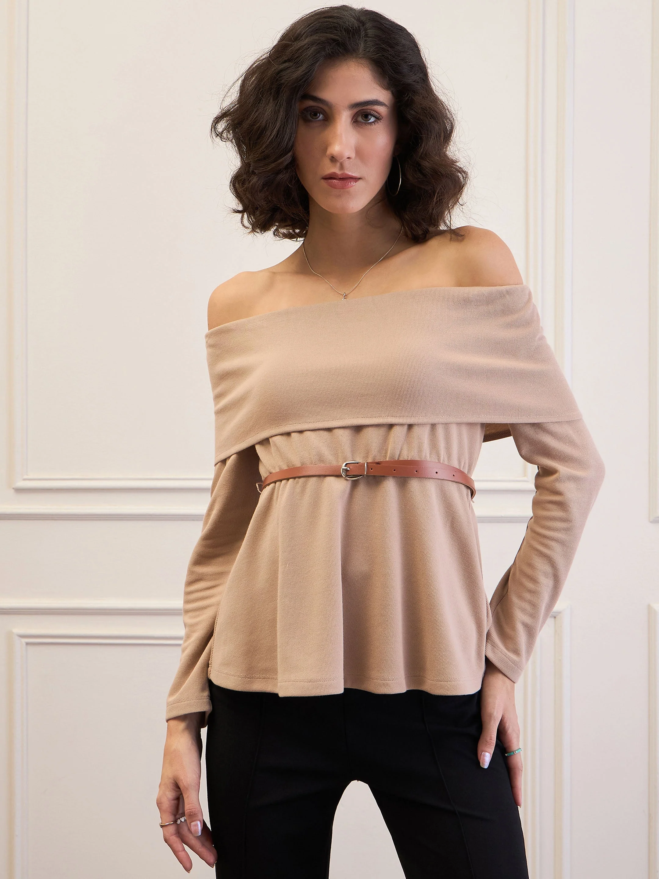 Women Beige Off-Shoulder Belted Peplum Top - Image 5