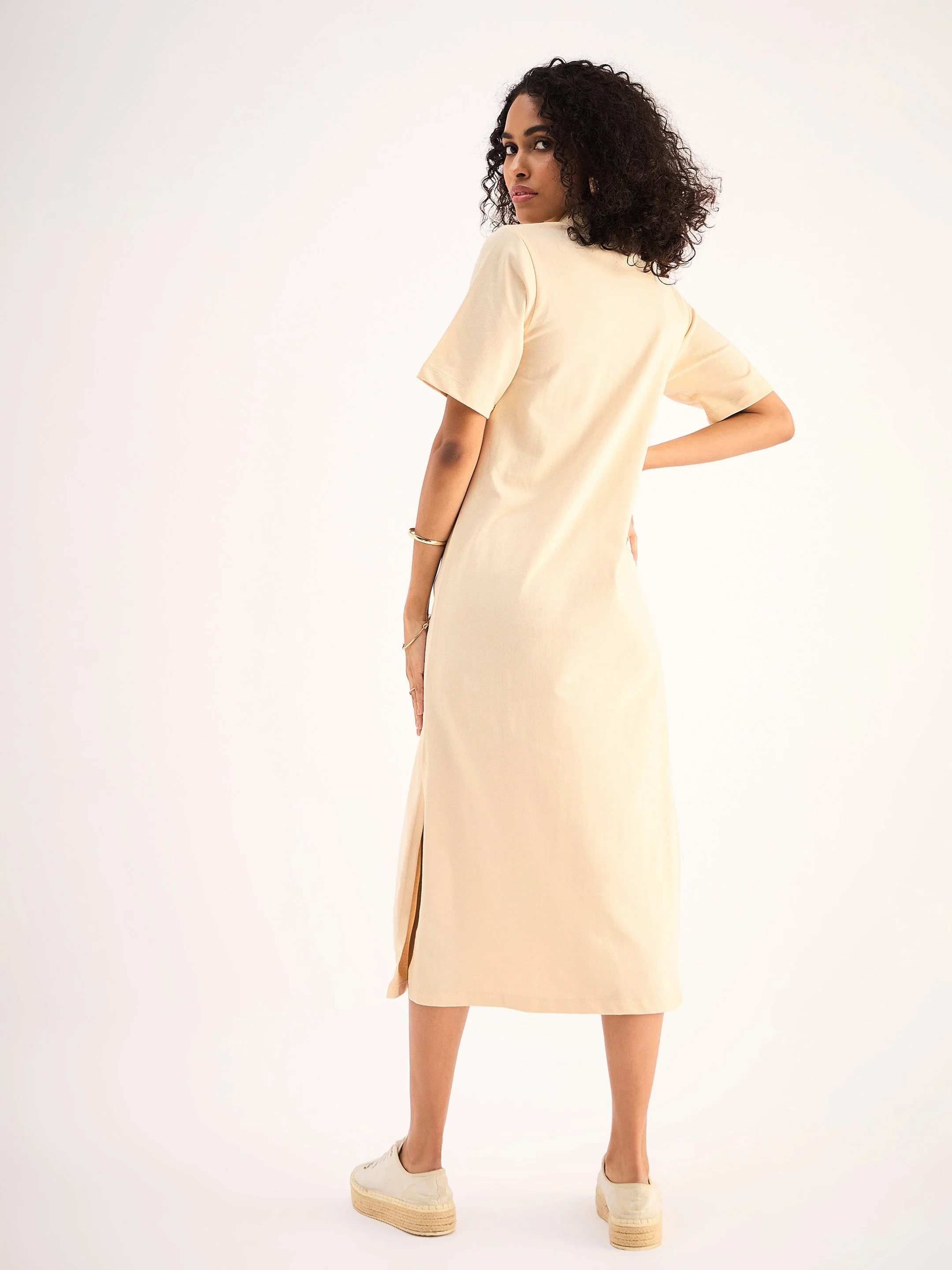 Women Beige Oversized Collar T-Shirt Dress - Image 2