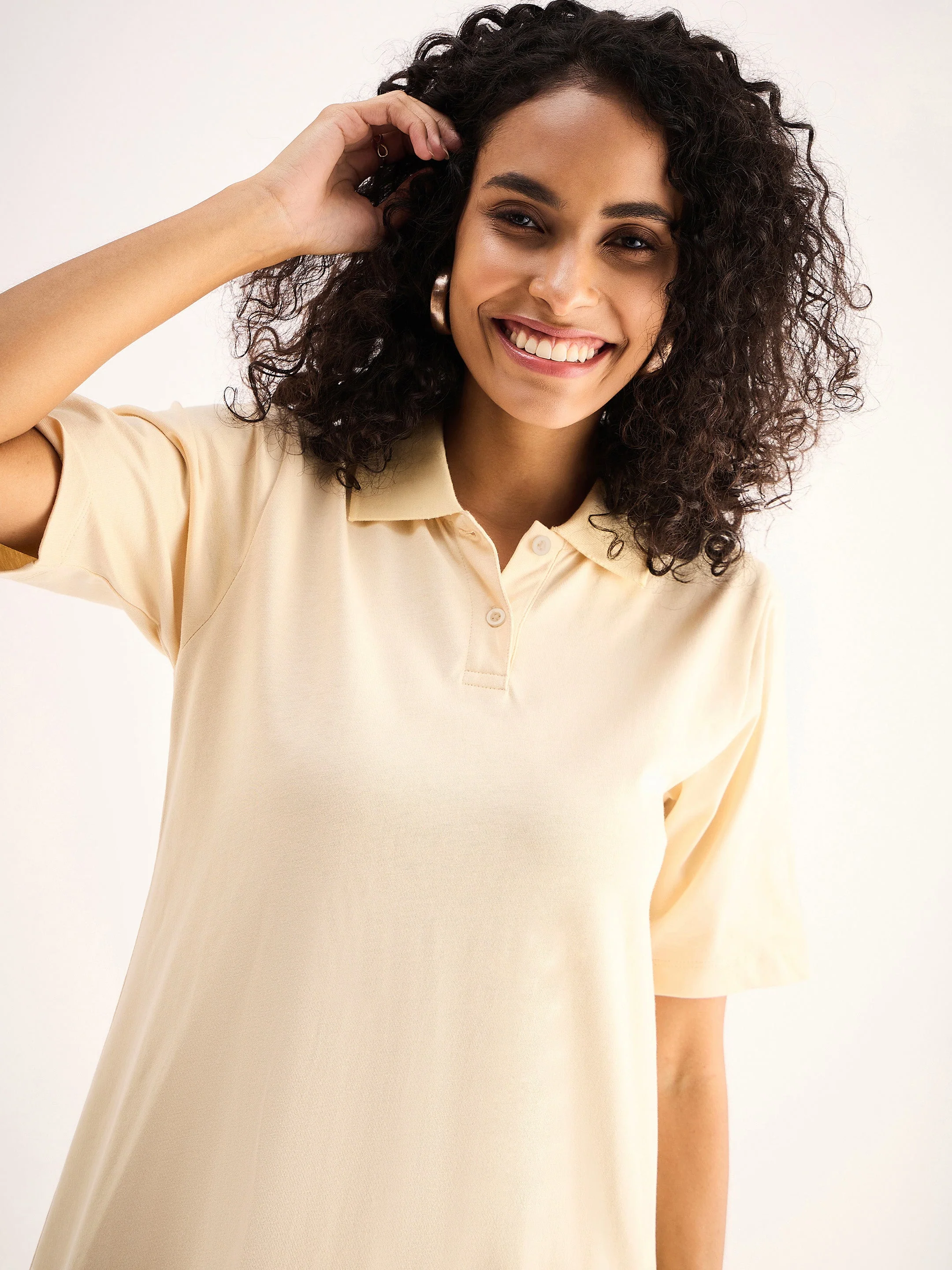Women Beige Oversized Collar T-Shirt Dress - Image 3