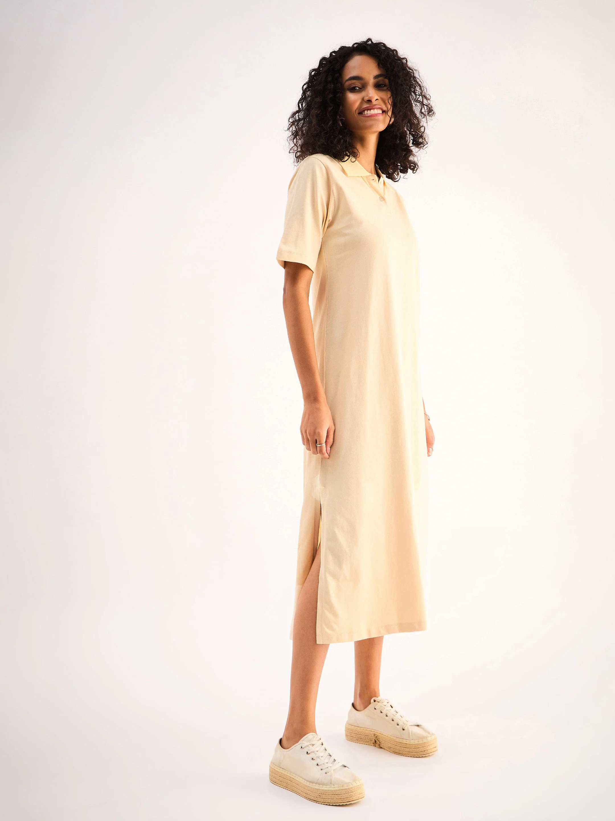 Women Beige Oversized Collar T-Shirt Dress - Image 5