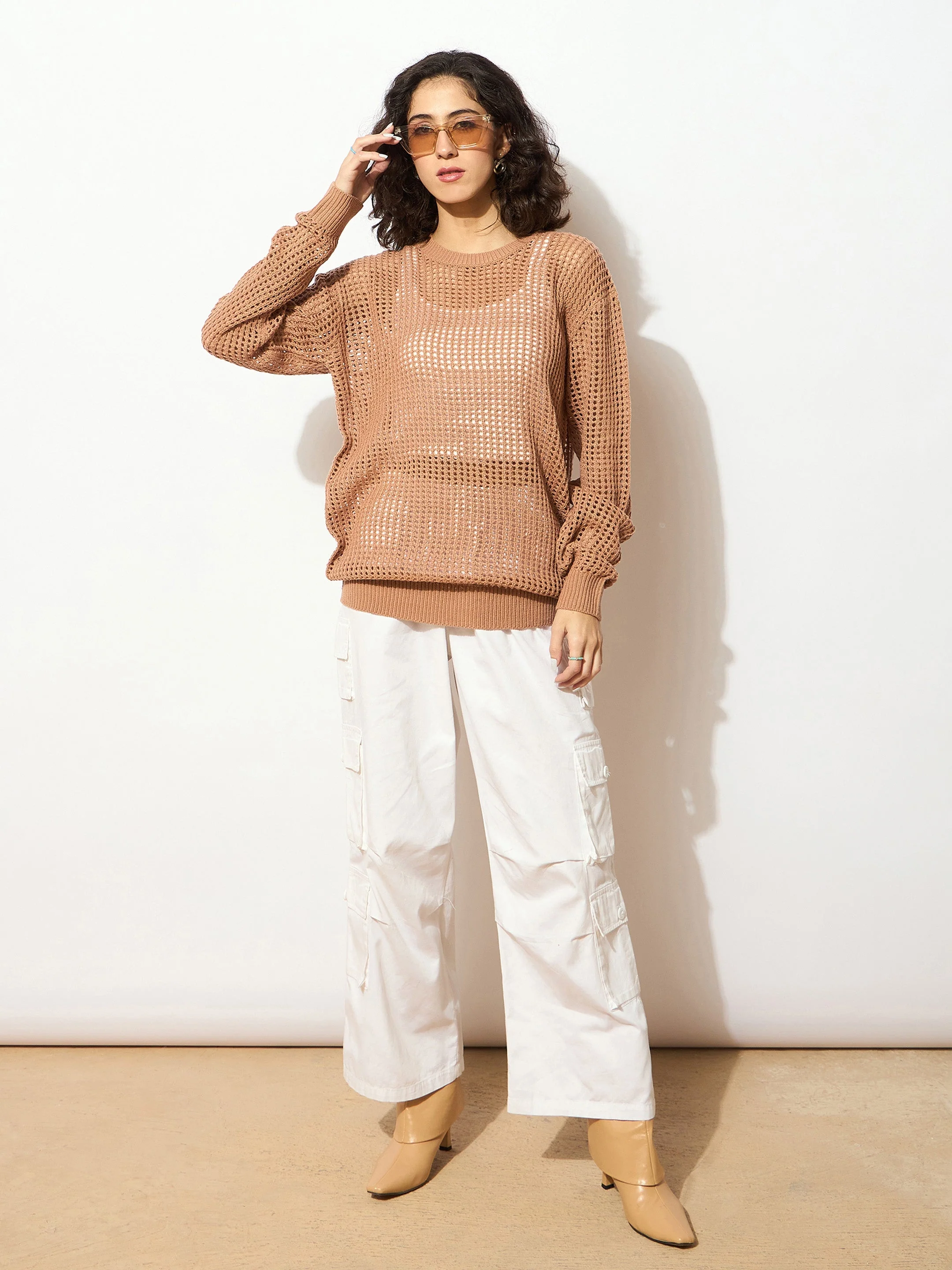 Women Beige Oversized Crochet Sweater - Image 2