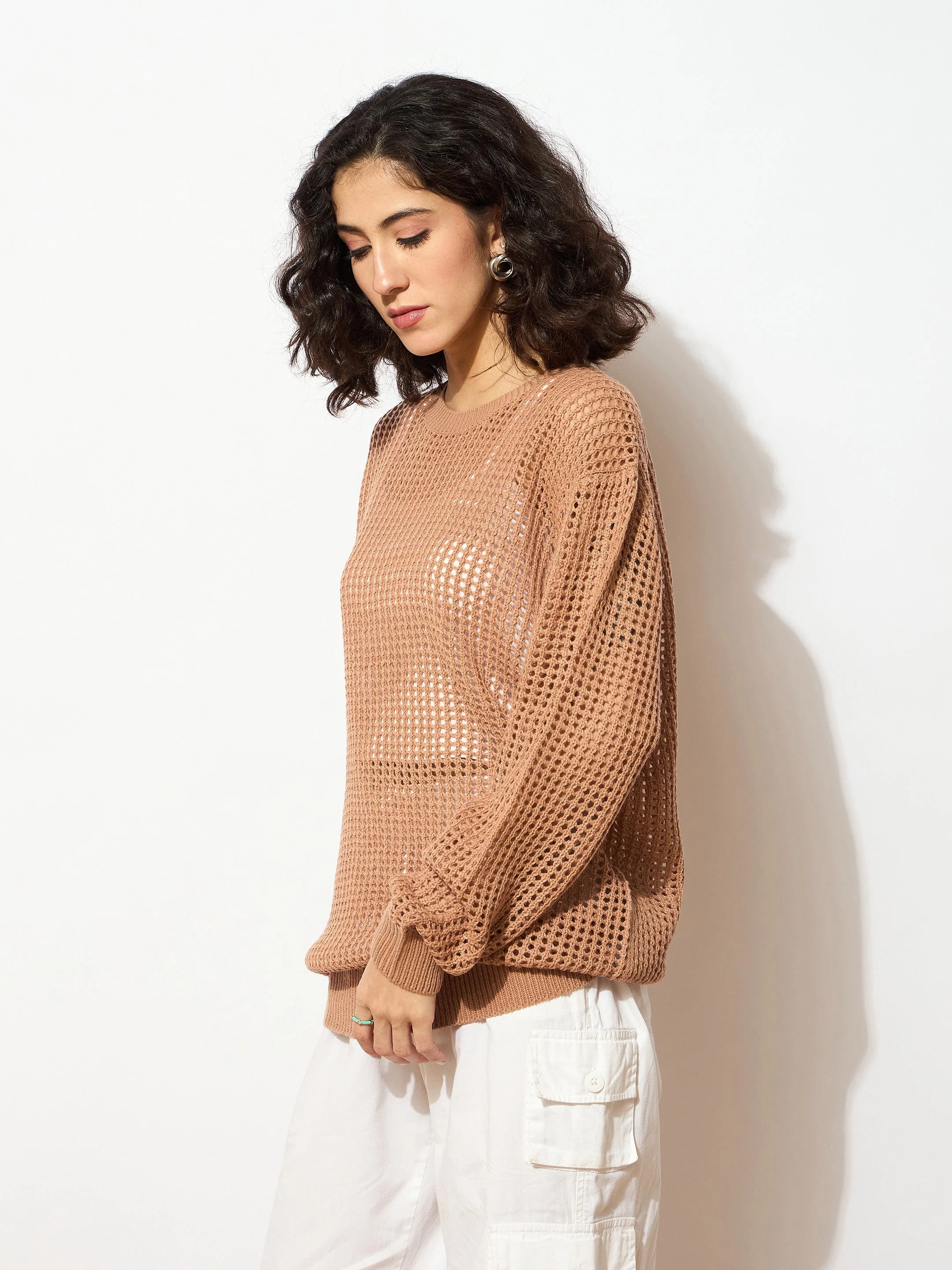 Women Beige Oversized Crochet Sweater - Image 3
