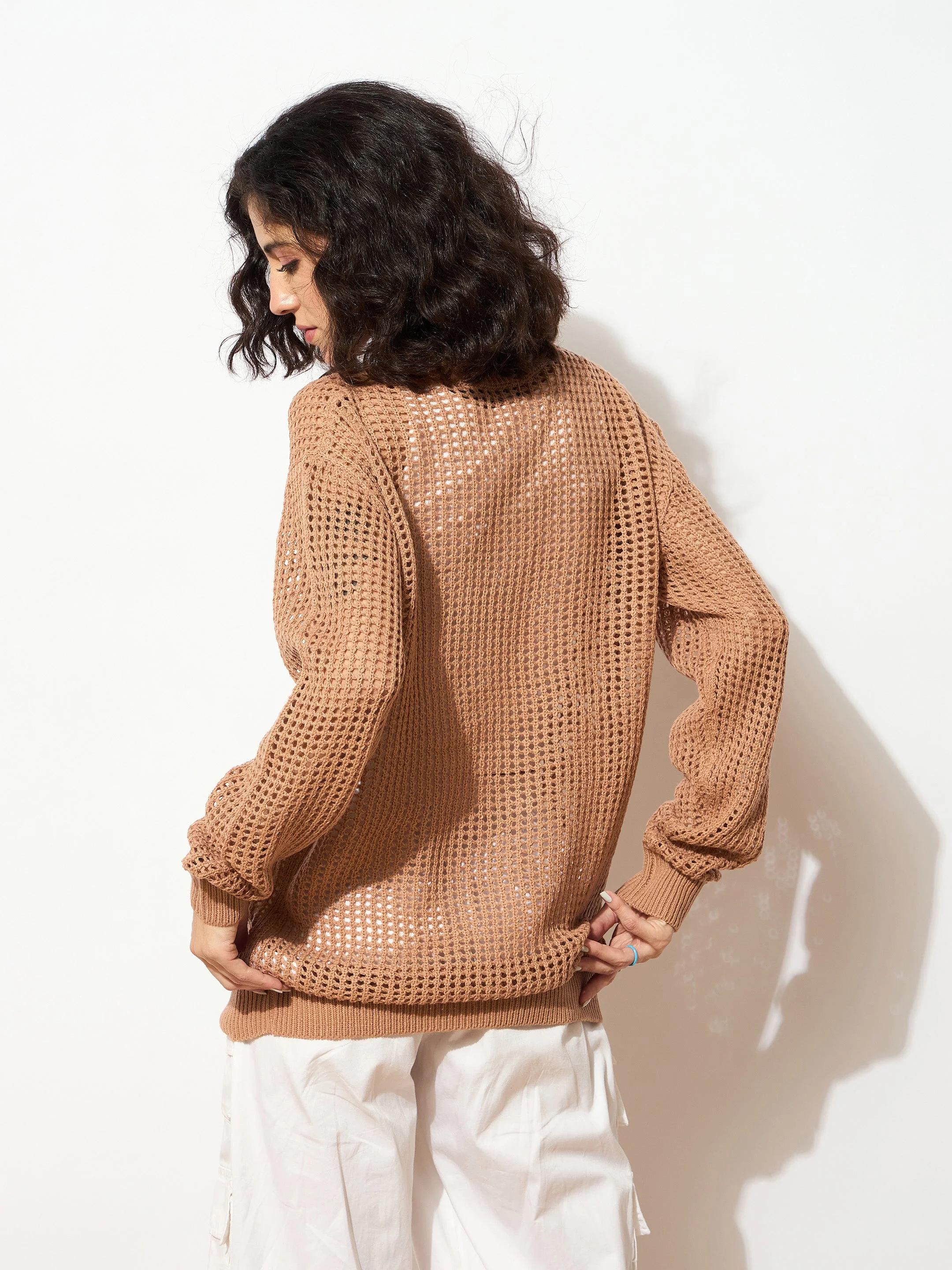 Women Beige Oversized Crochet Sweater - Image 5