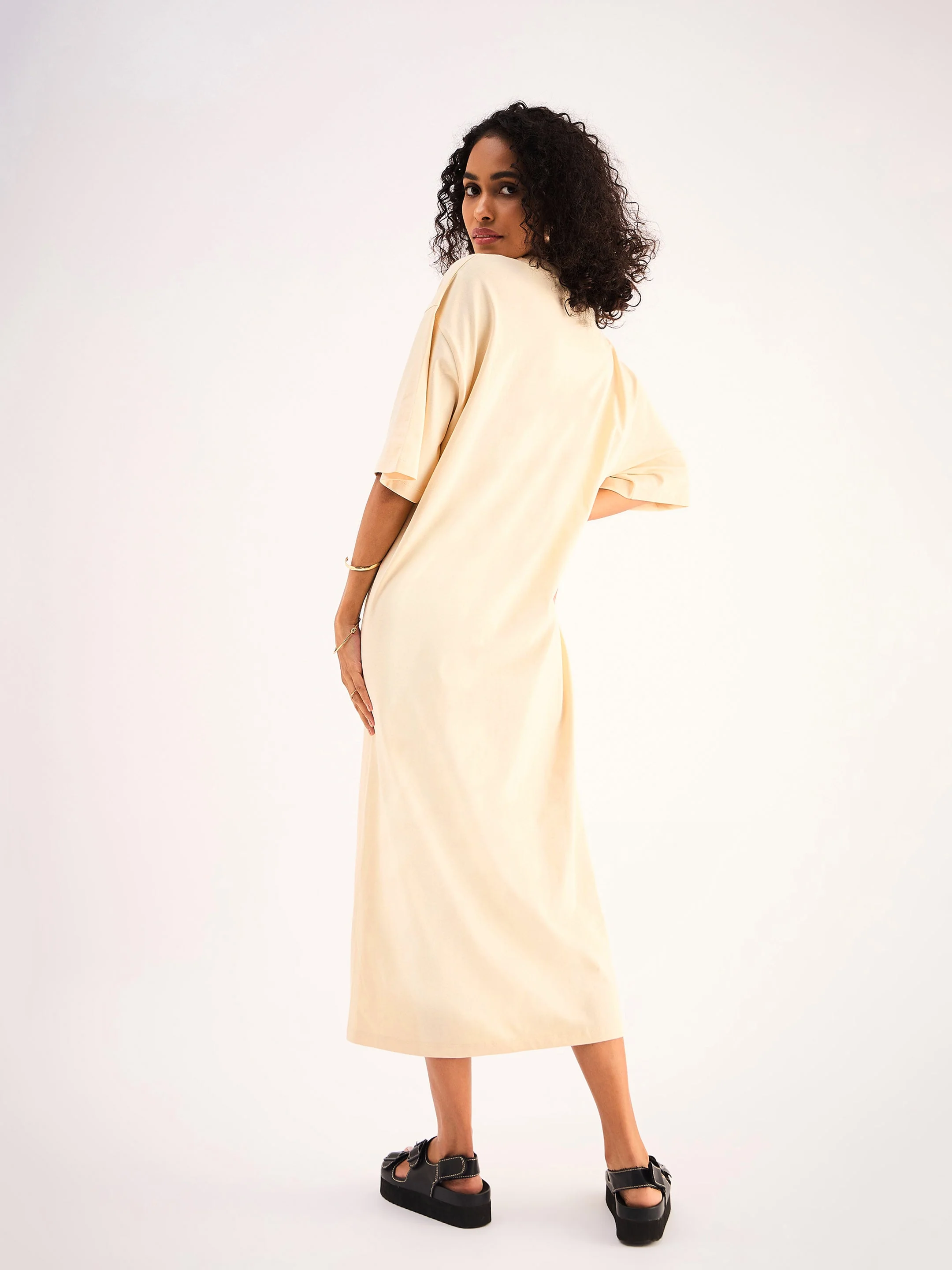 Women Beige Oversized T-Shirt Dress - Image 2