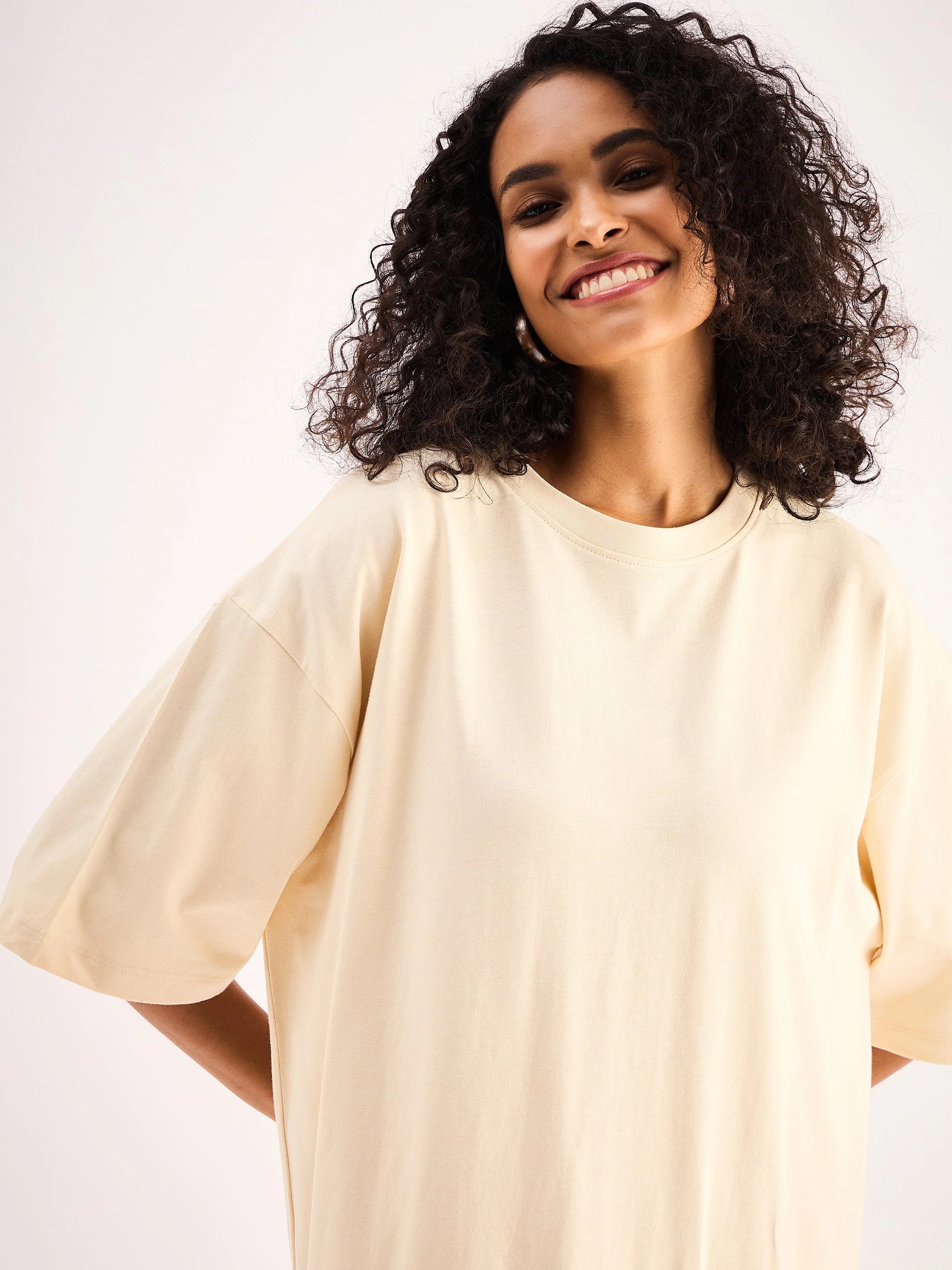 Women Beige Oversized T-Shirt Dress - Image 3