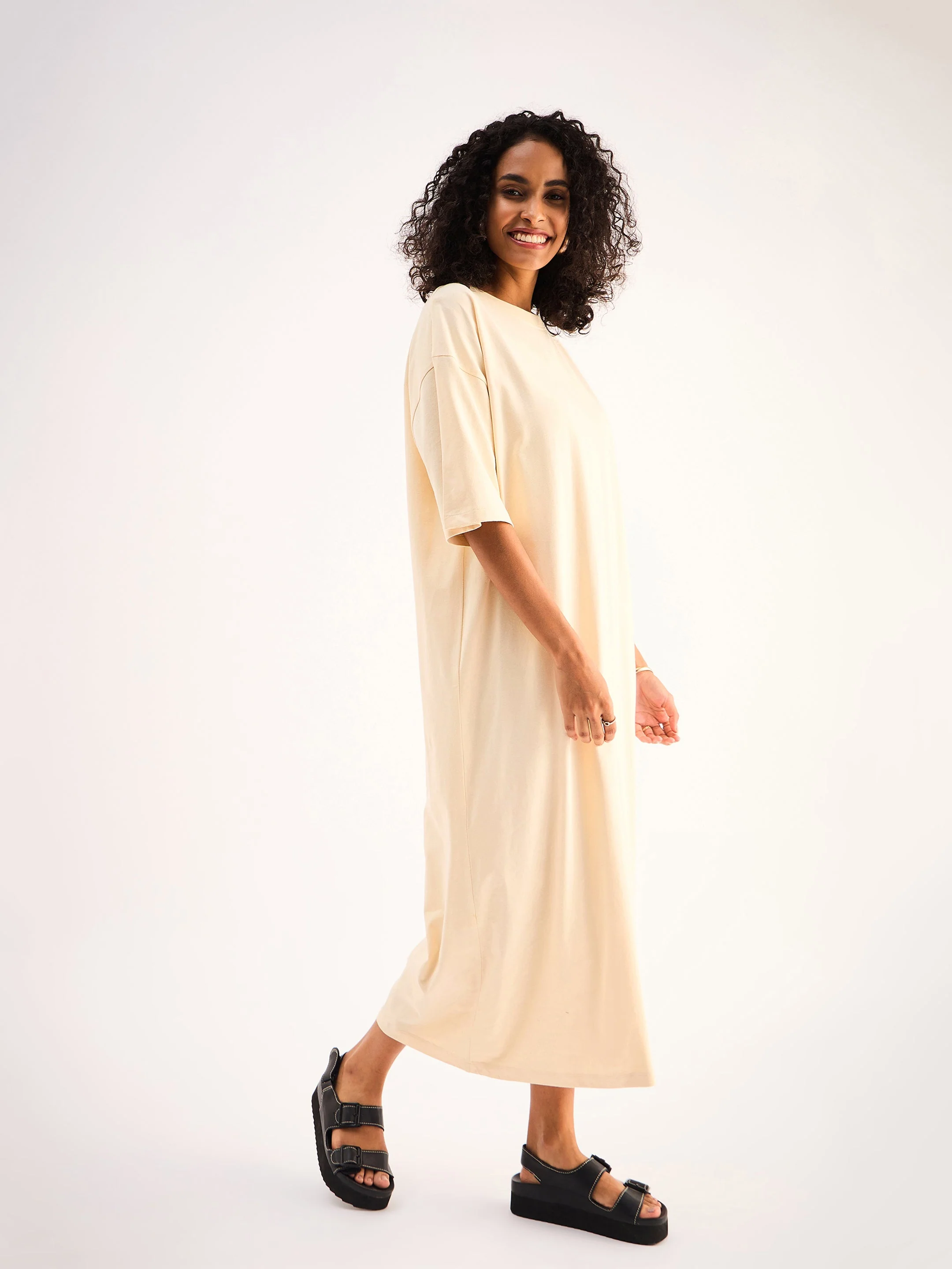 Women Beige Oversized T-Shirt Dress - Image 4