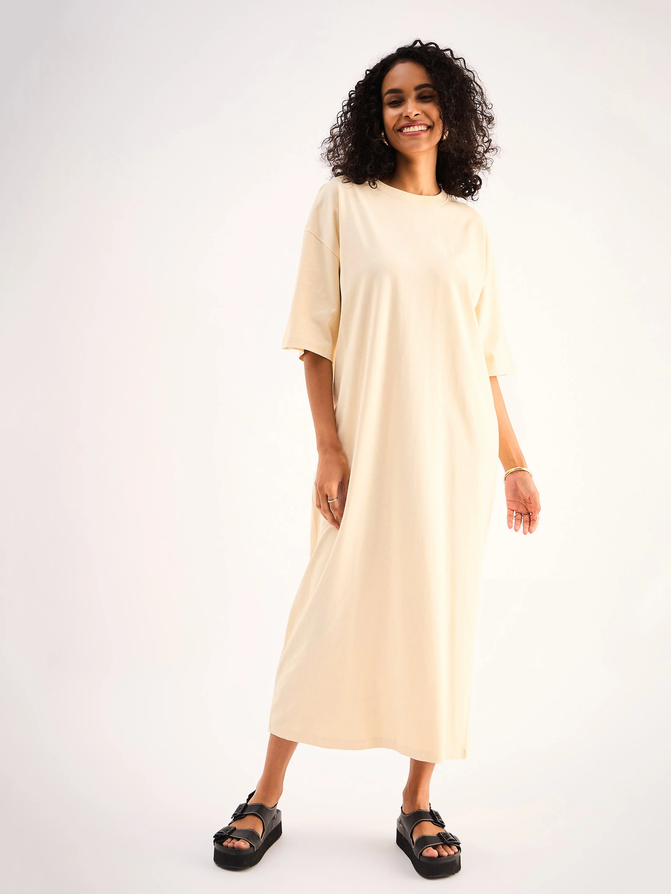 Women Beige Oversized T-Shirt Dress - Image 5