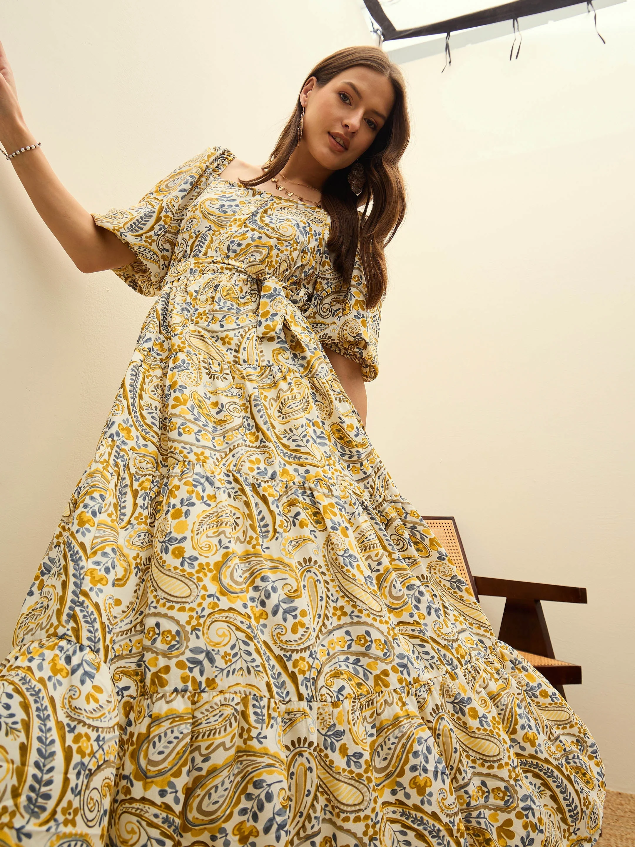 Women Beige Paisley Belted Midi Dress - Image 2