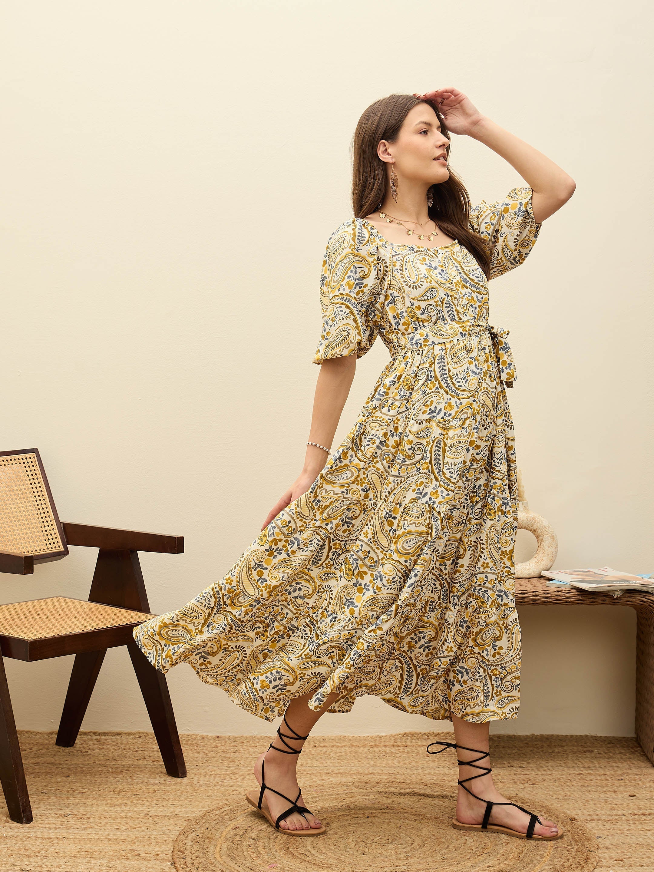 Women Beige Paisley Belted Midi Dress - Image 3