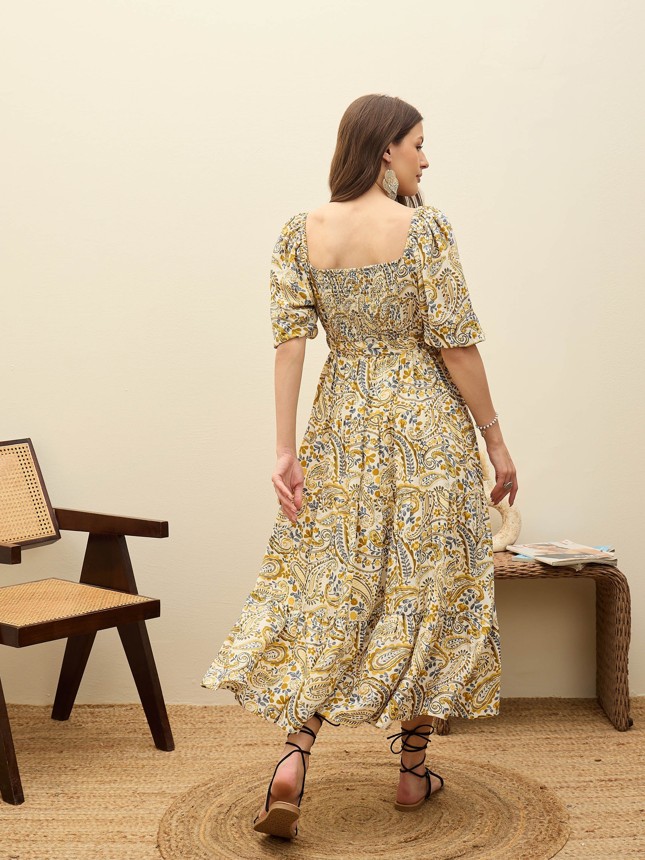 Women Beige Paisley Belted Midi Dress - Image 5