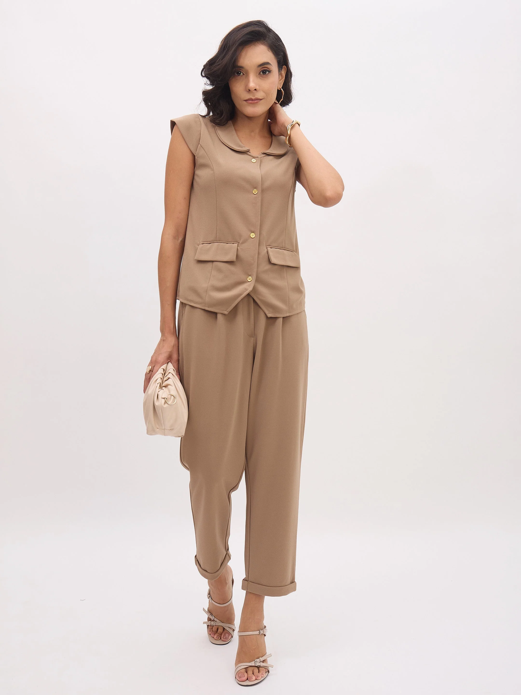 Women Beige PeterPan Collar Cap Sleeve Button Top - Image 2