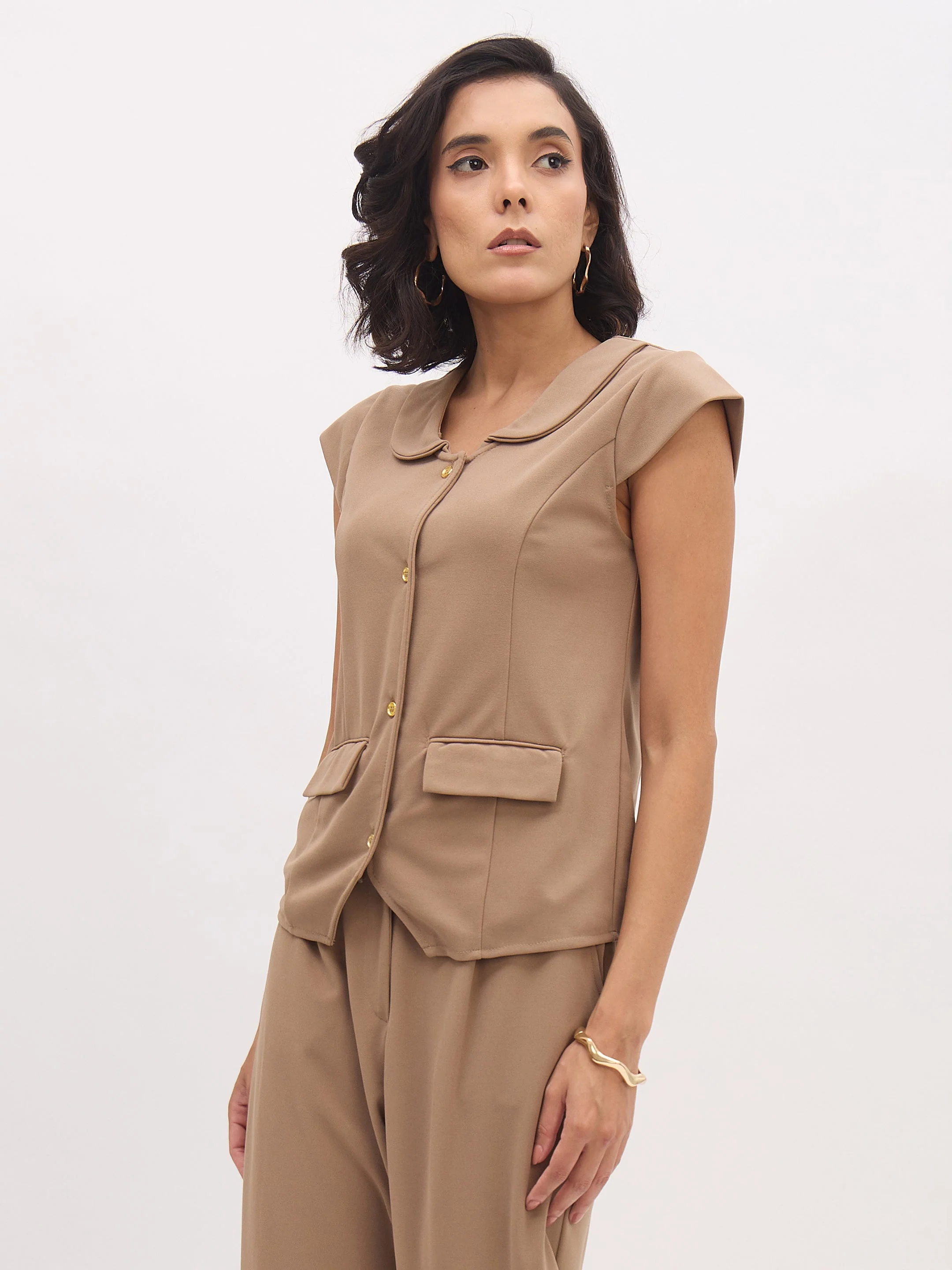 Women Beige PeterPan Collar Cap Sleeve Button Top - Image 3