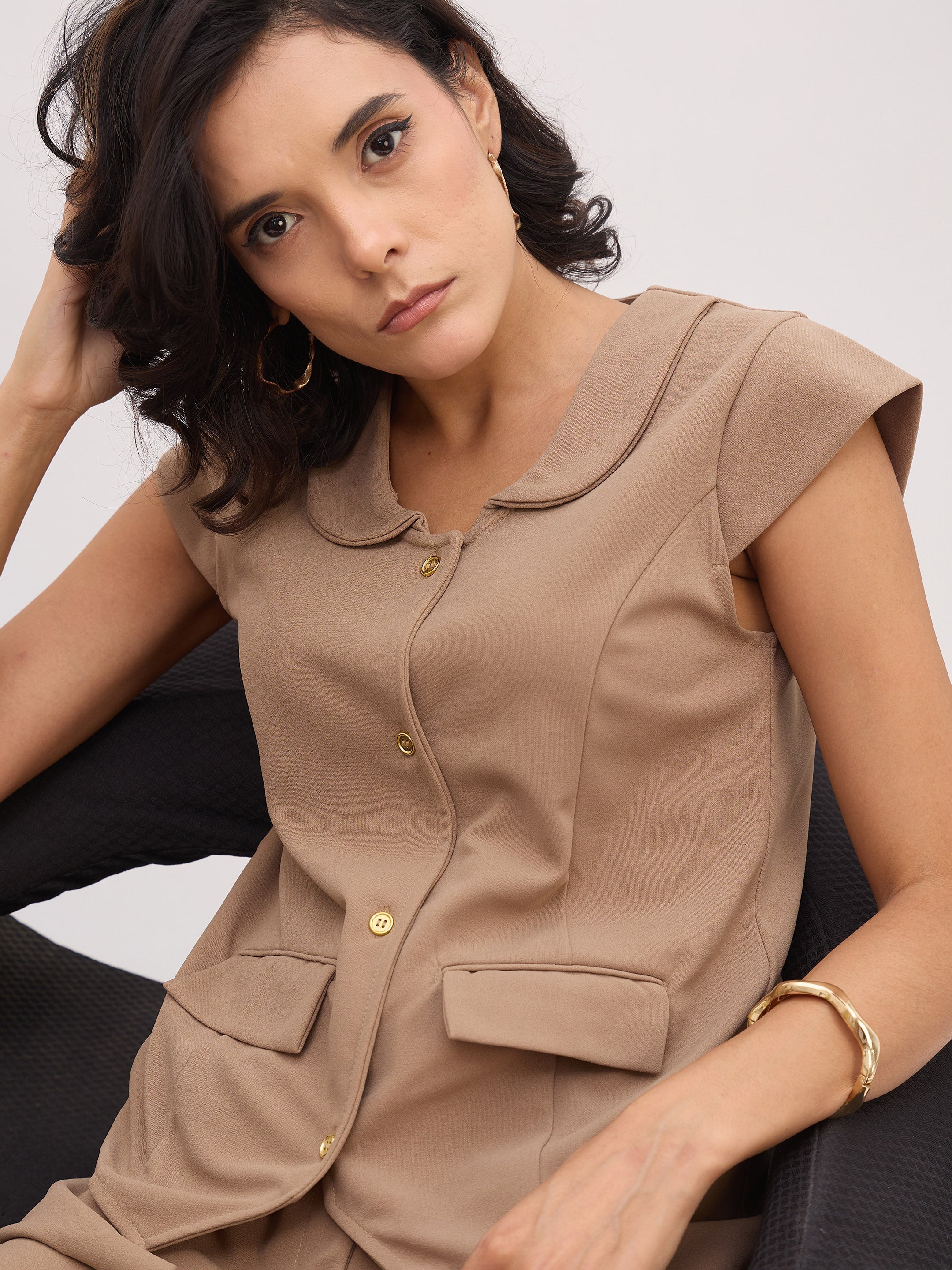 Women Beige PeterPan Collar Cap Sleeve Button Top - Image 4