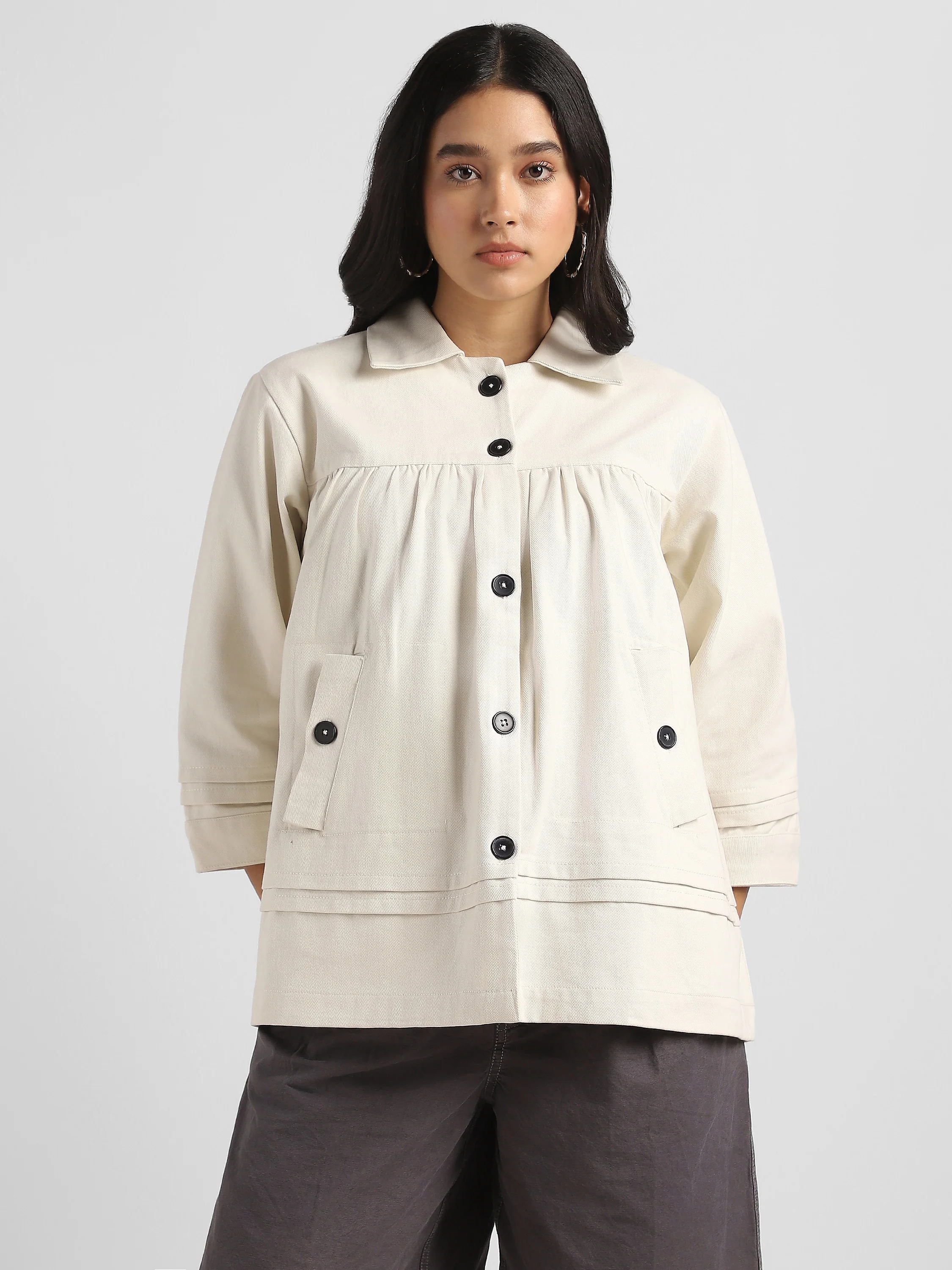 Women Beige Pleated Relaxed Jacket - Image 2