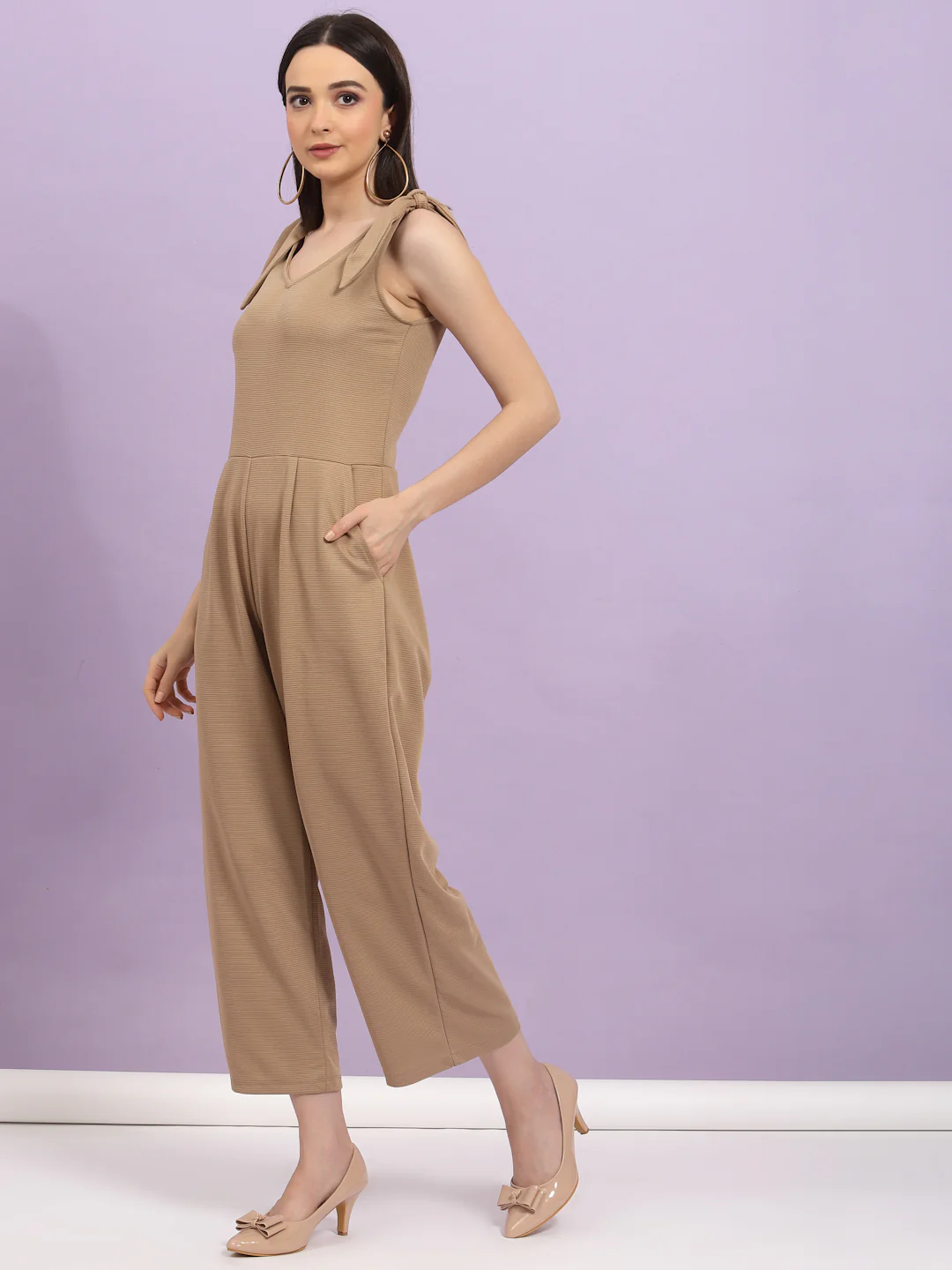 Women Beige Poly Corduroy Jumpsuit - Image 3