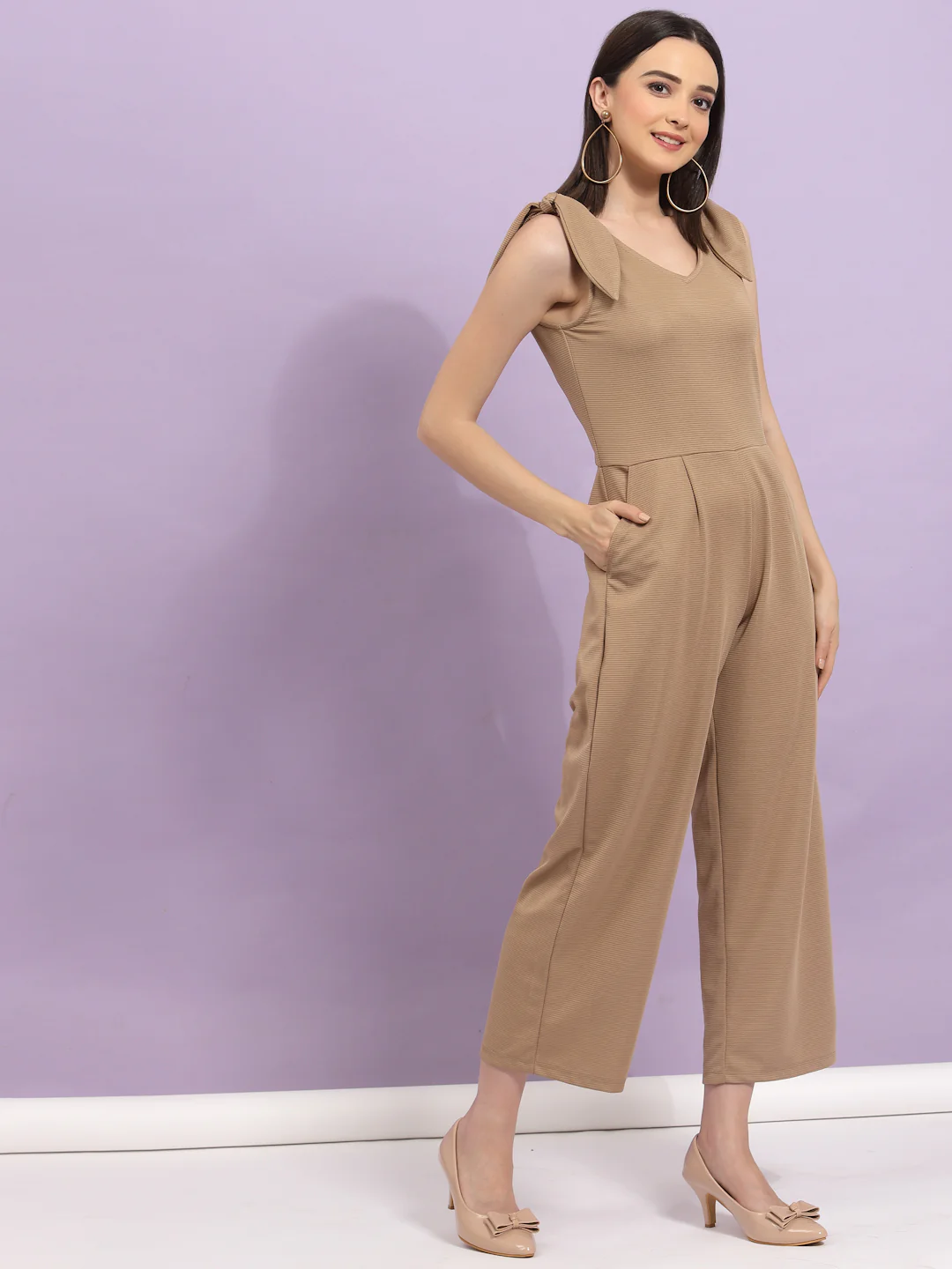 Women Beige Poly Corduroy Jumpsuit - Image 4