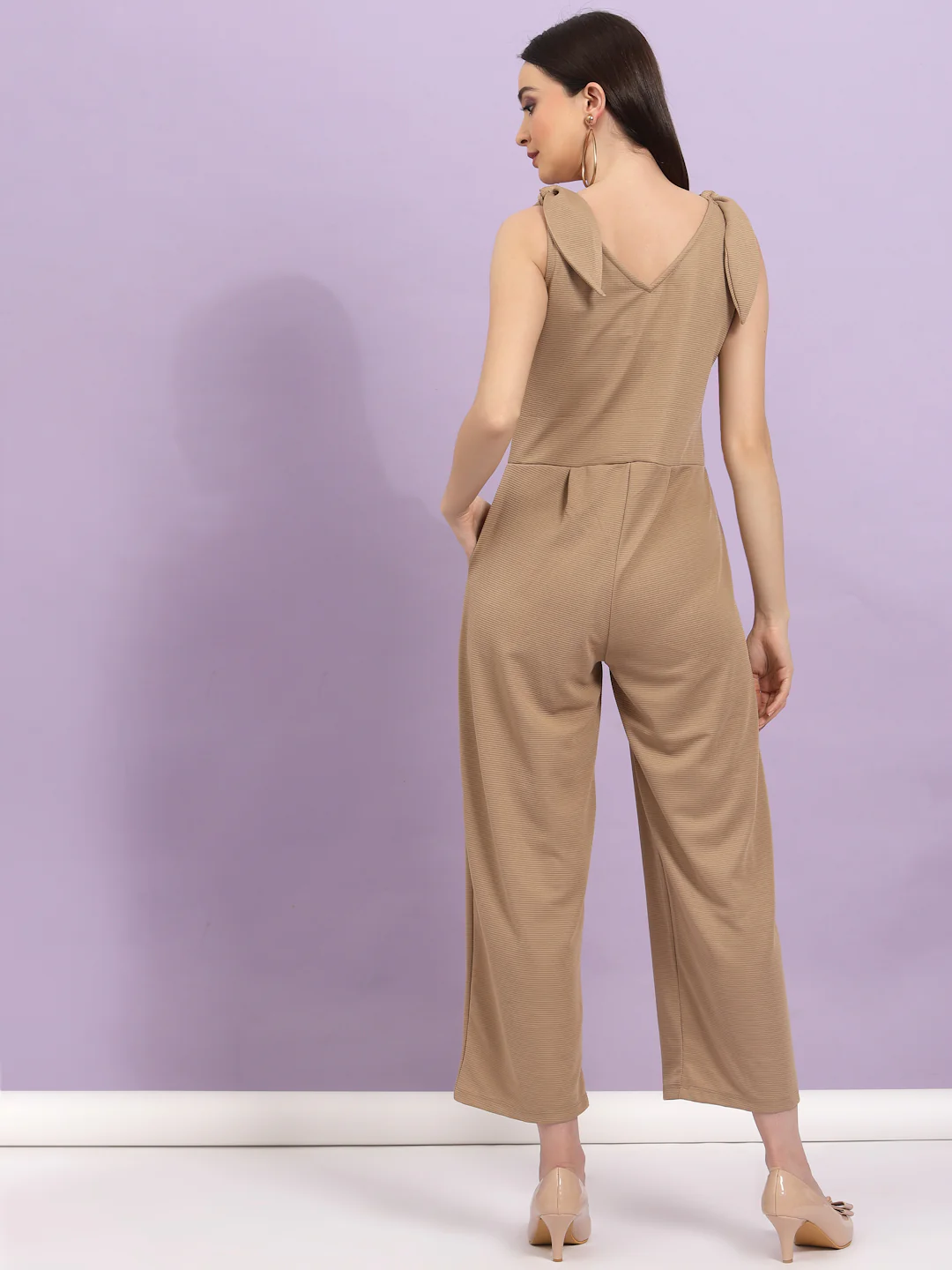 Women Beige Poly Corduroy Jumpsuit - Image 5