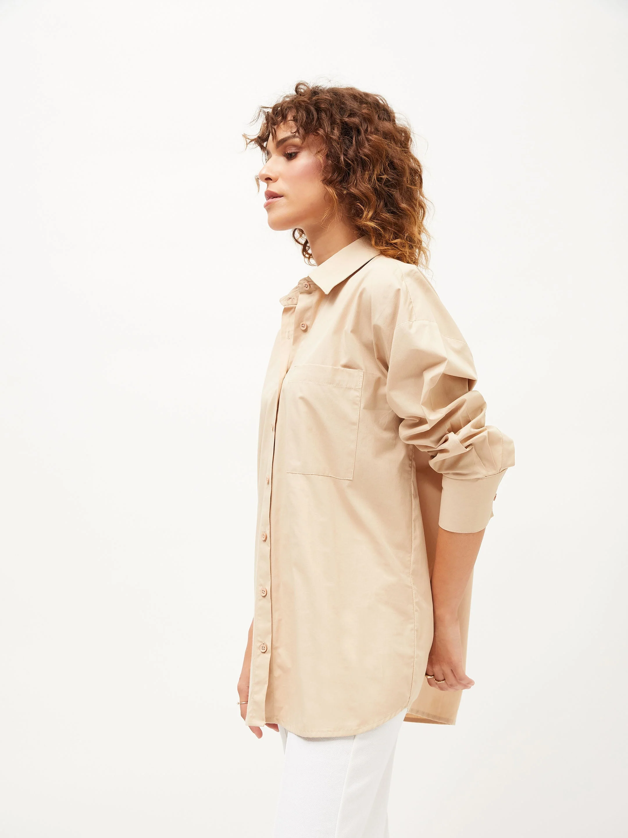 Women Beige Poplin Oversized Shirt - Image 3