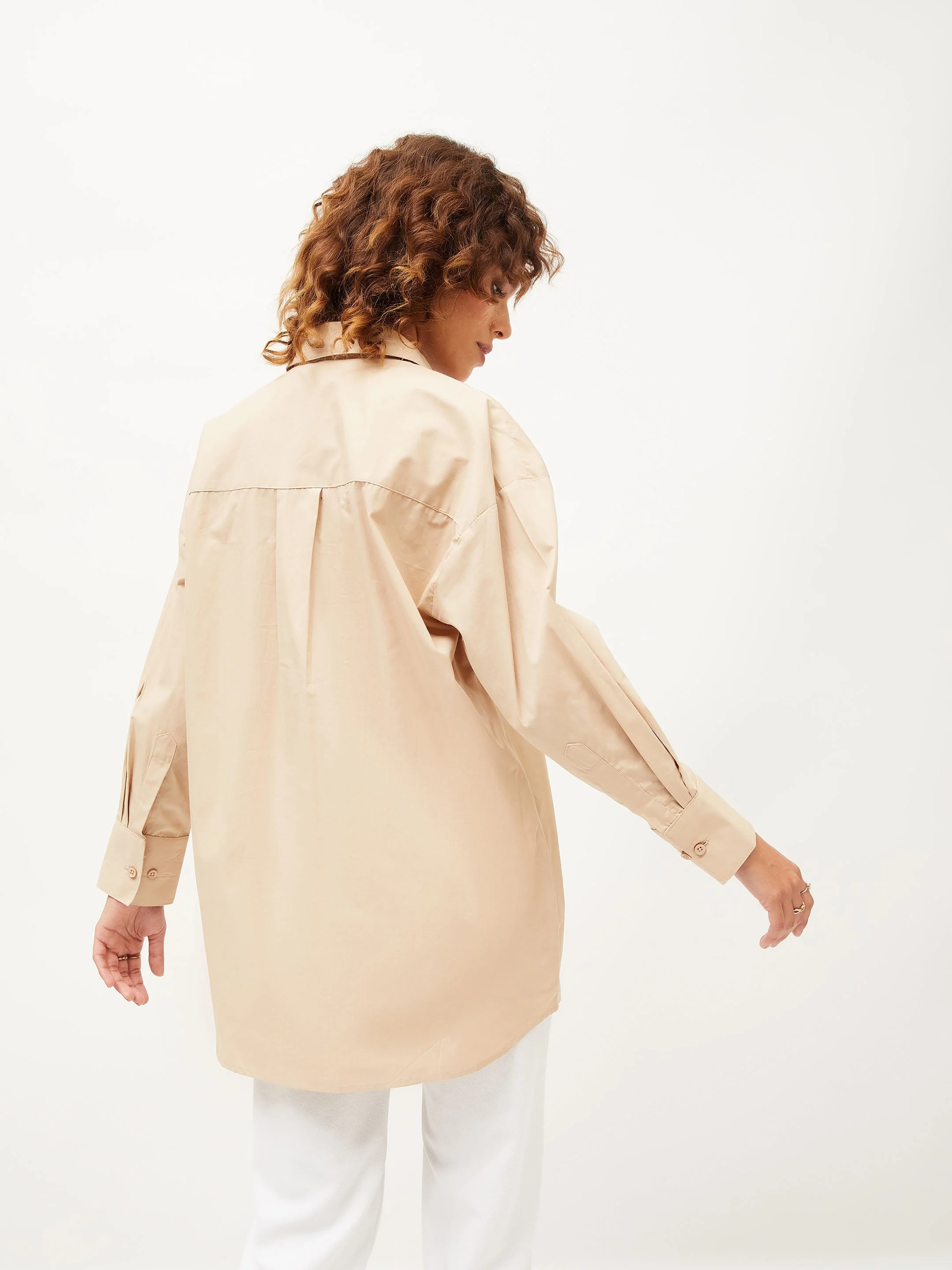 Women Beige Poplin Oversized Shirt - Image 5