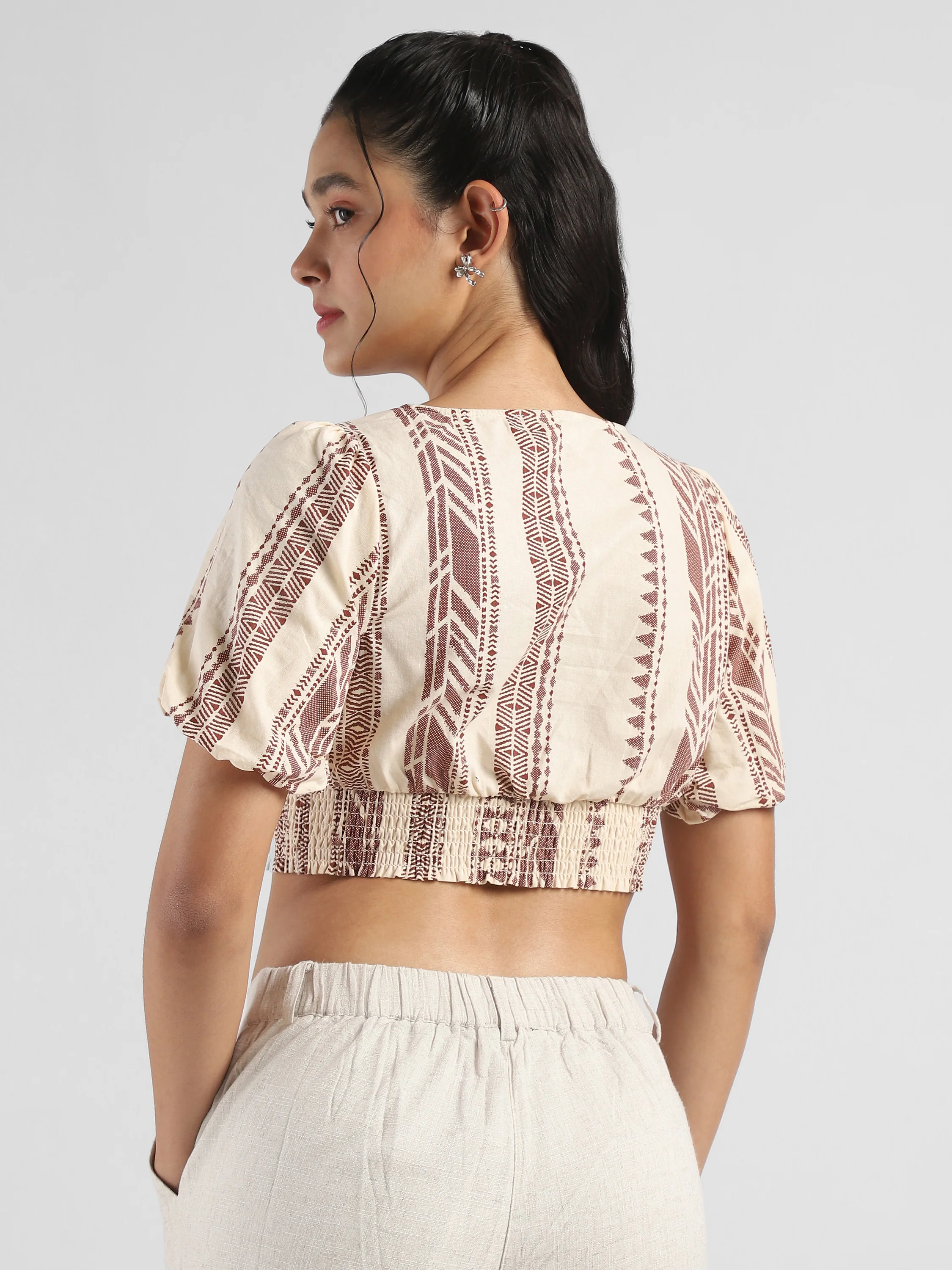 Women Beige Printed Crop Top - Image 2