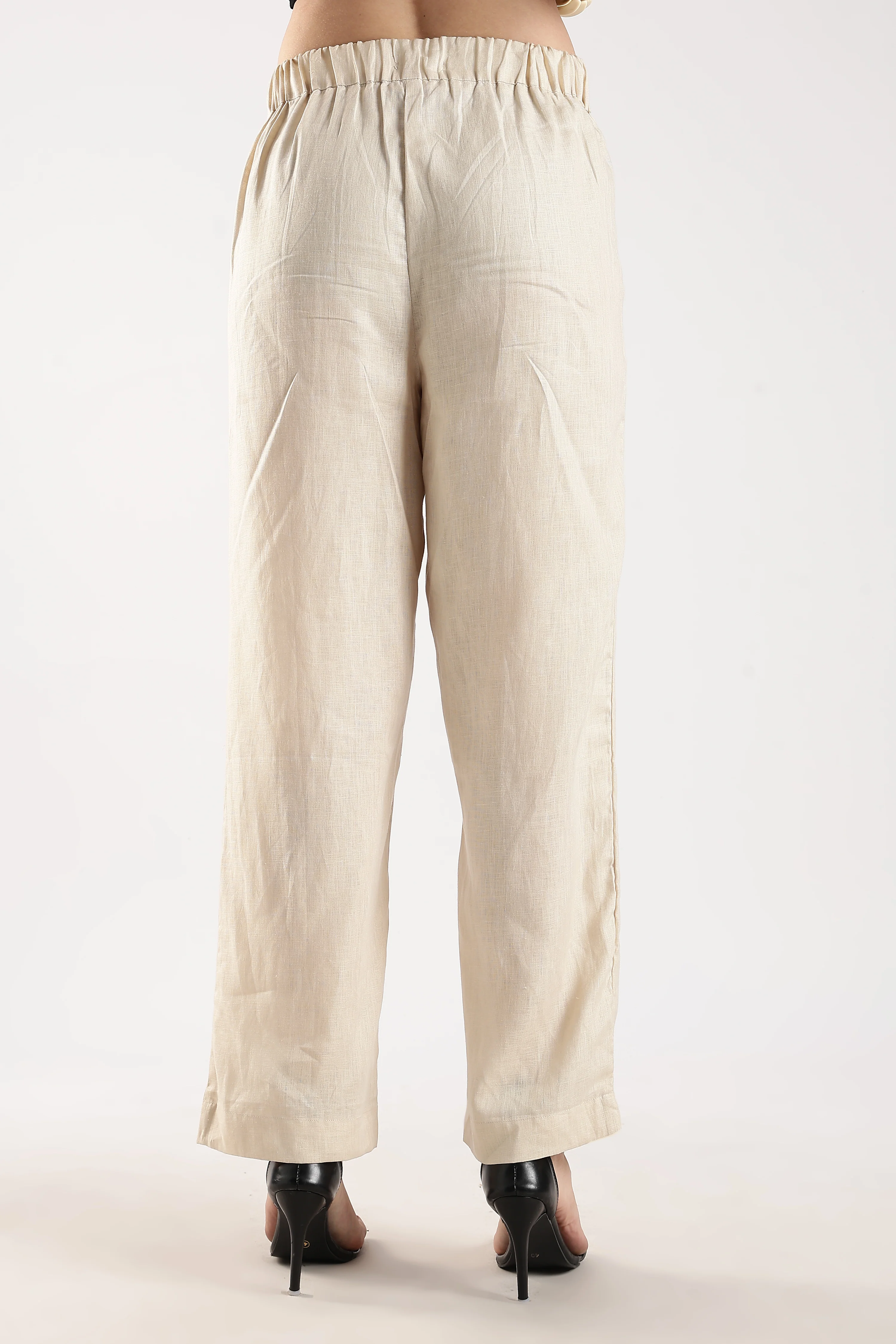 Women Beige Pure Linen Trousers - Image 2