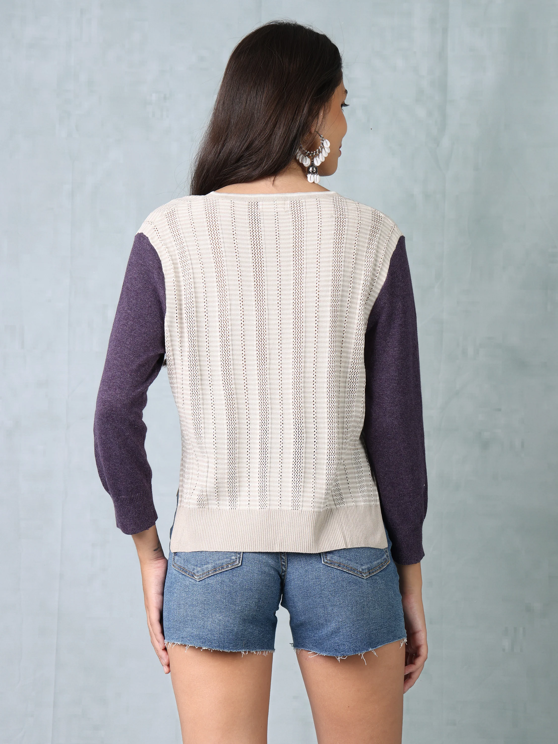 Women Beige & Purple Regular Fit Knitted Top - Image 2