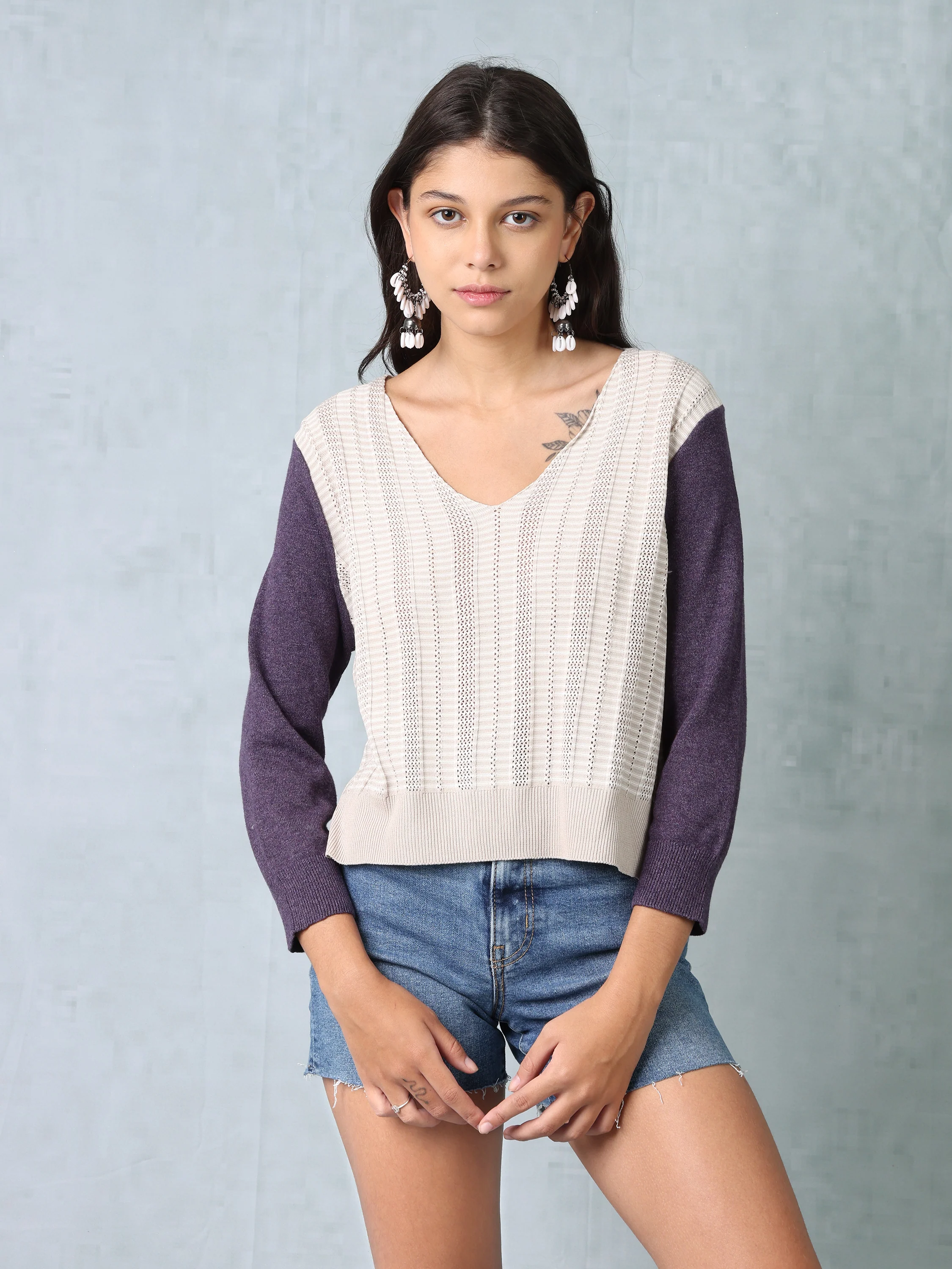 Women Beige & Purple Regular Fit Knitted Top - Image 4