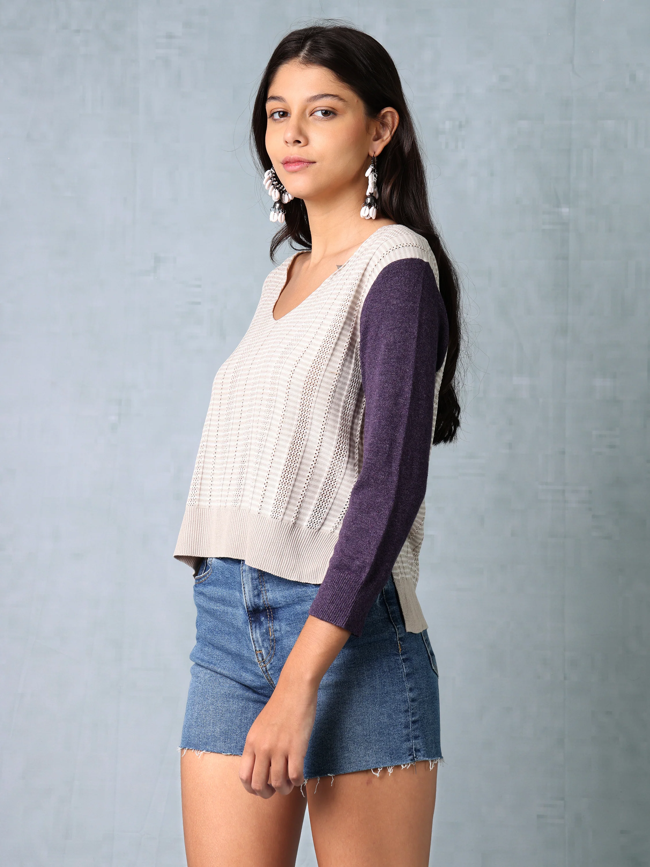 Women Beige & Purple Regular Fit Knitted Top - Image 5