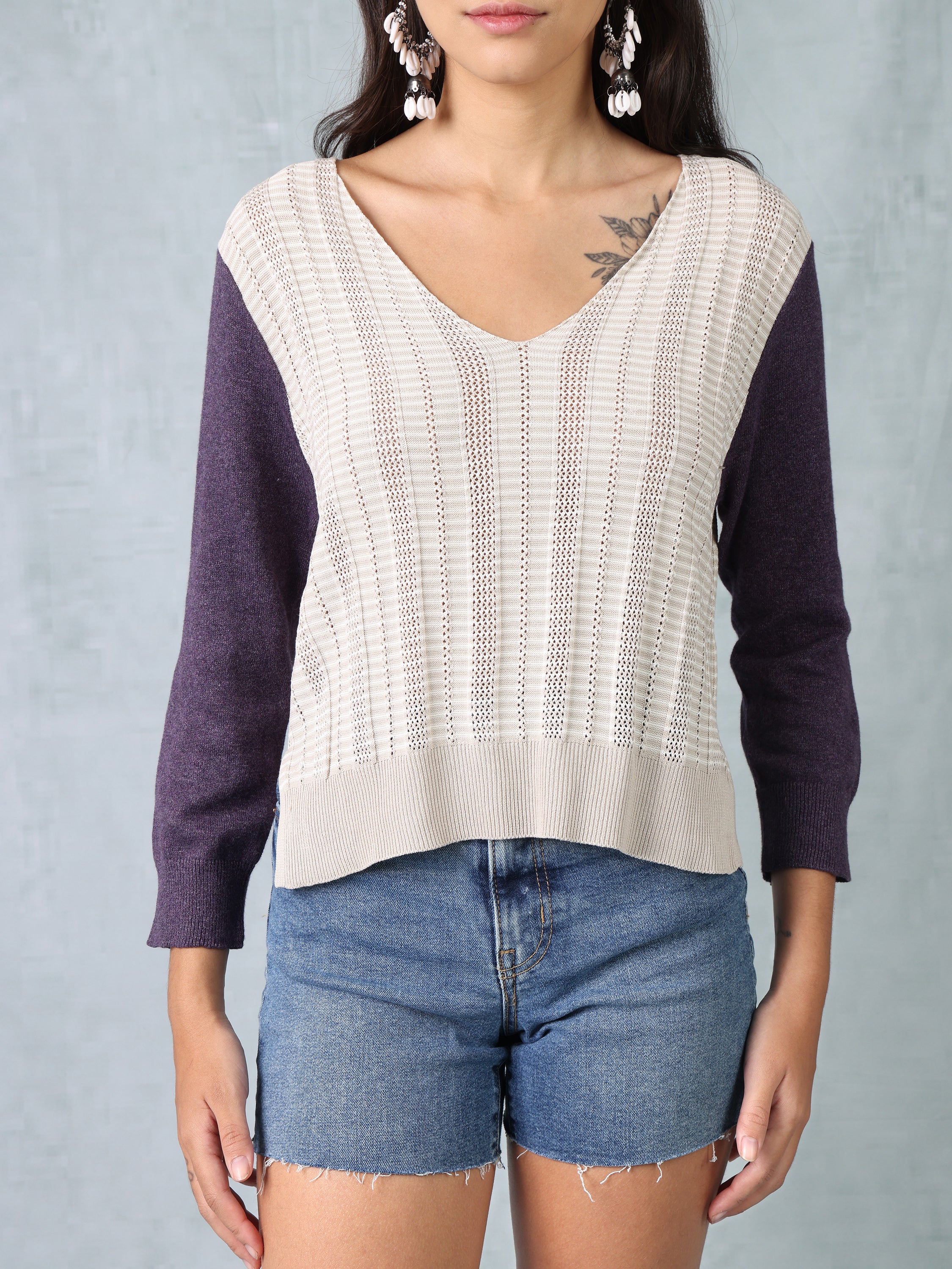Women Beige & Purple Regular Fit Knitted Top - Image 6