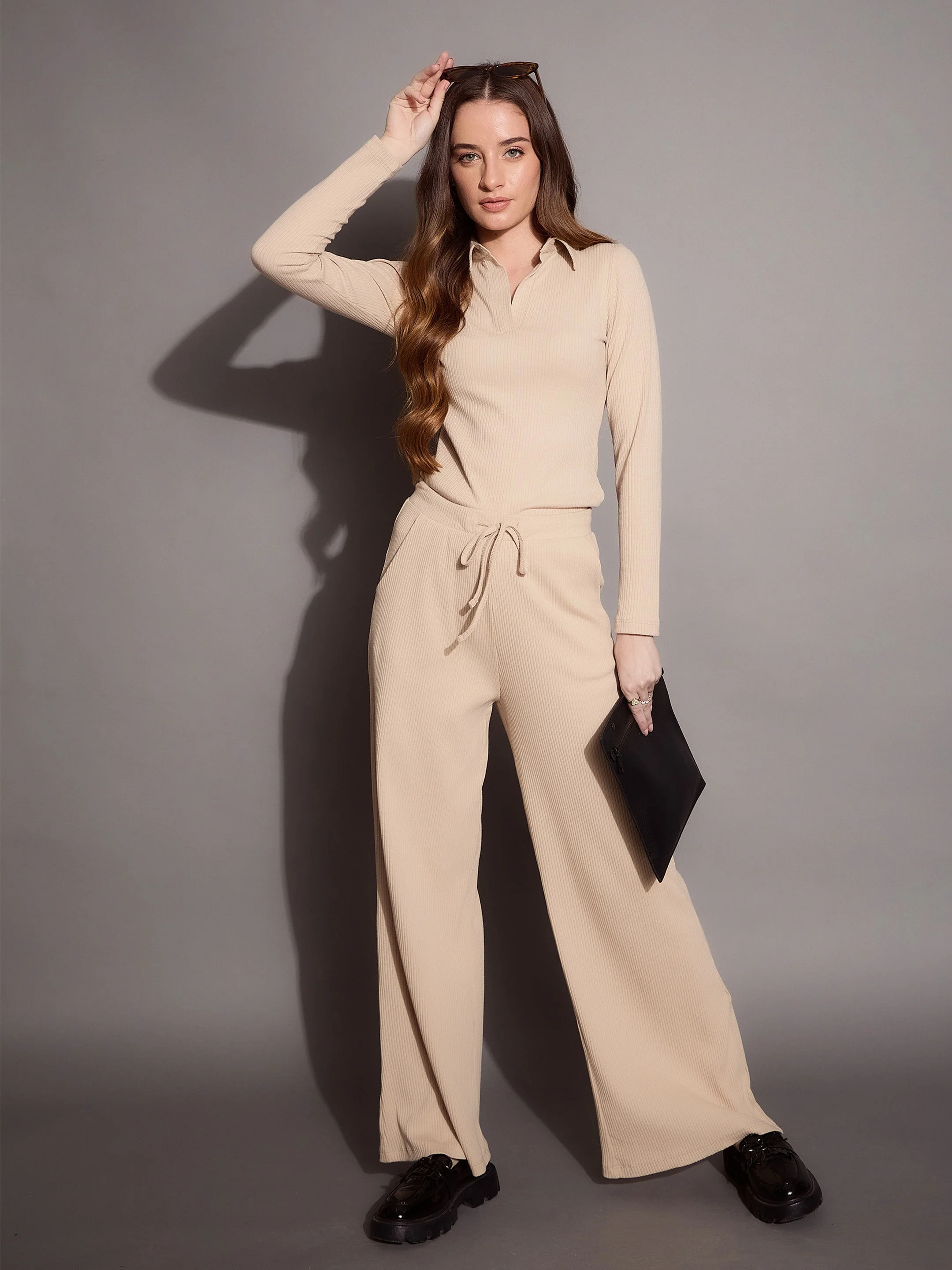 Women Beige Rib Drawstring Pants - Image 2