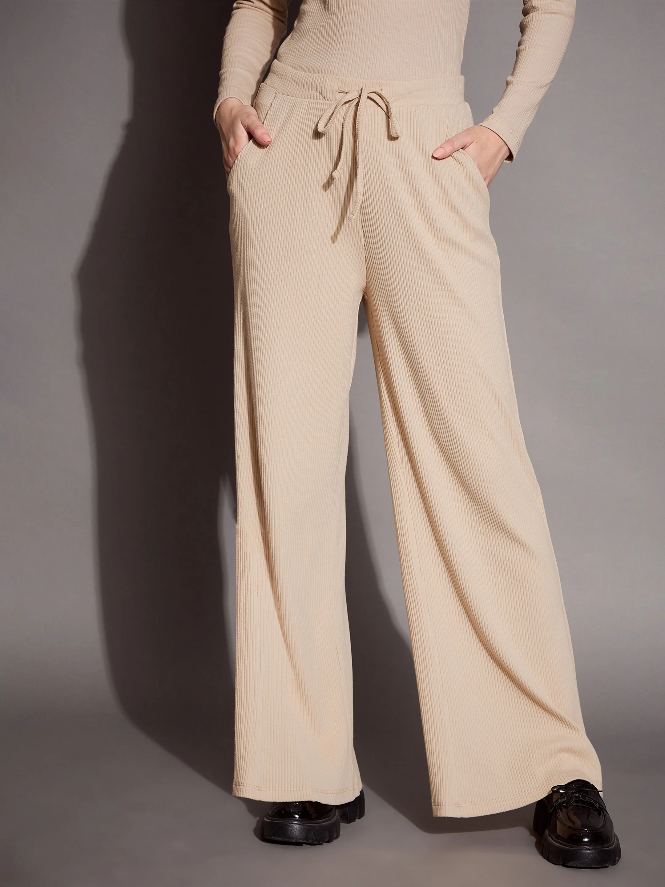 Women Beige Rib Drawstring Pants - Image 3