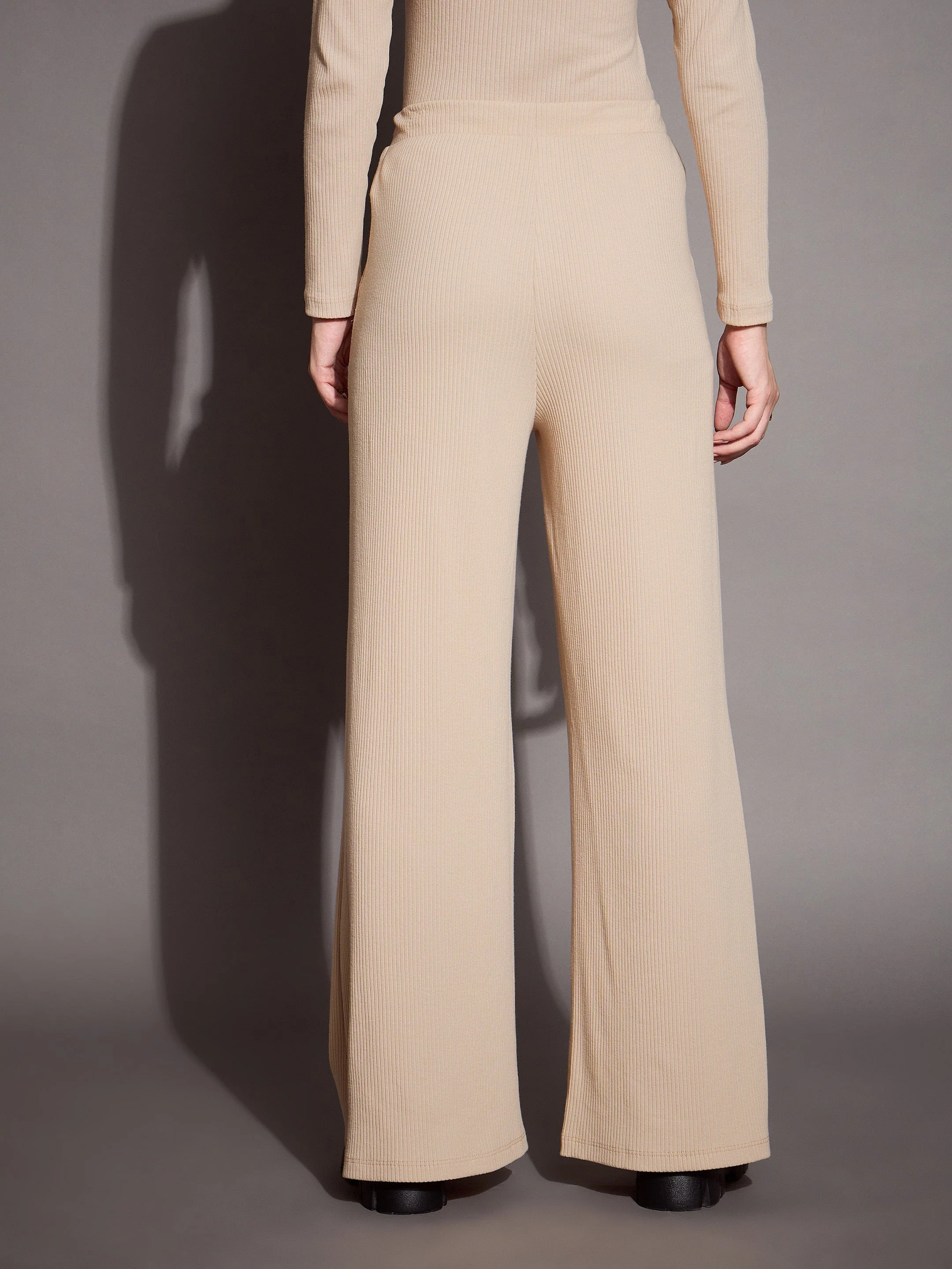 Women Beige Rib Drawstring Pants - Image 5