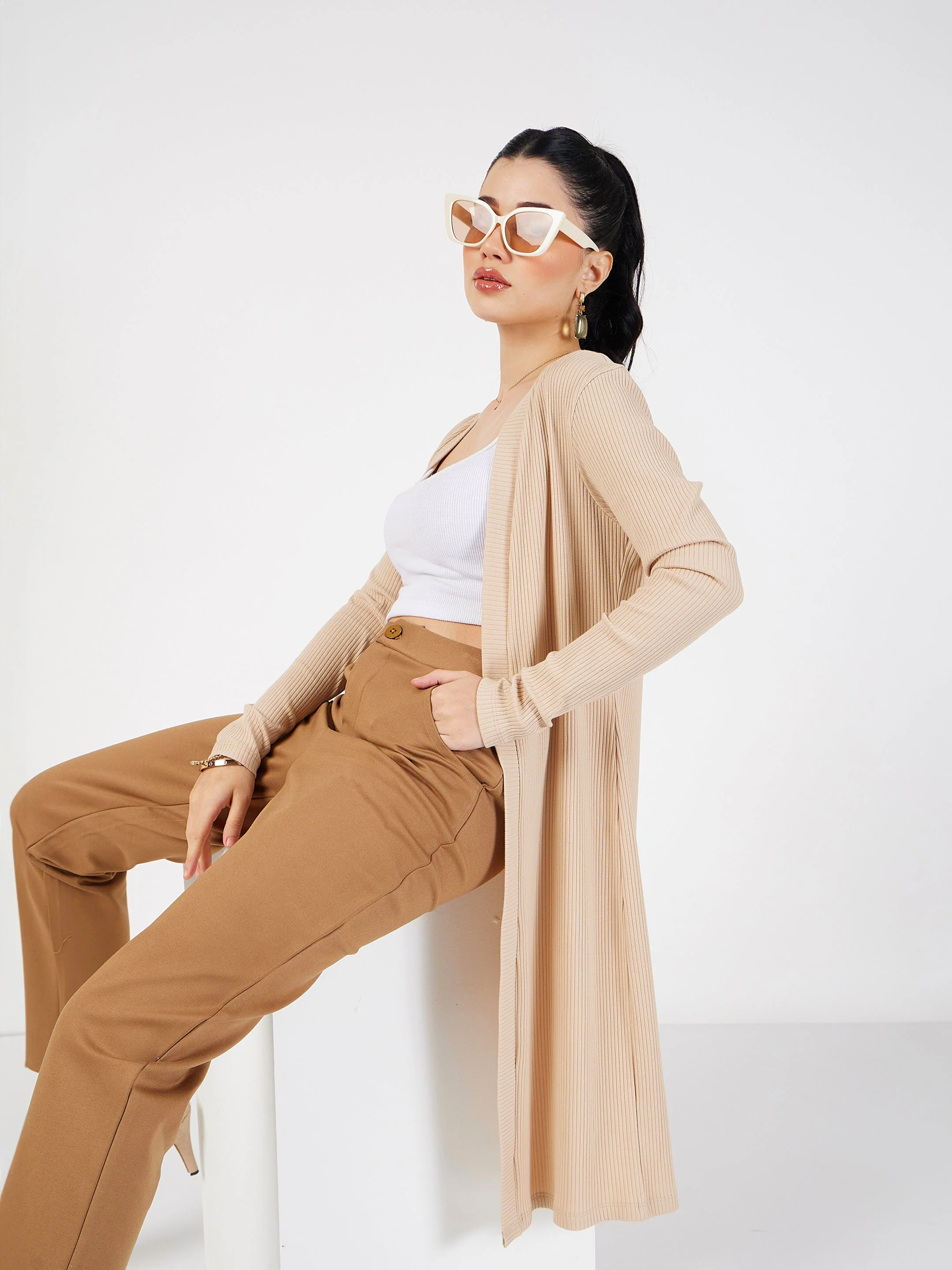Women Beige Rib Front Open Shrug - Image 2