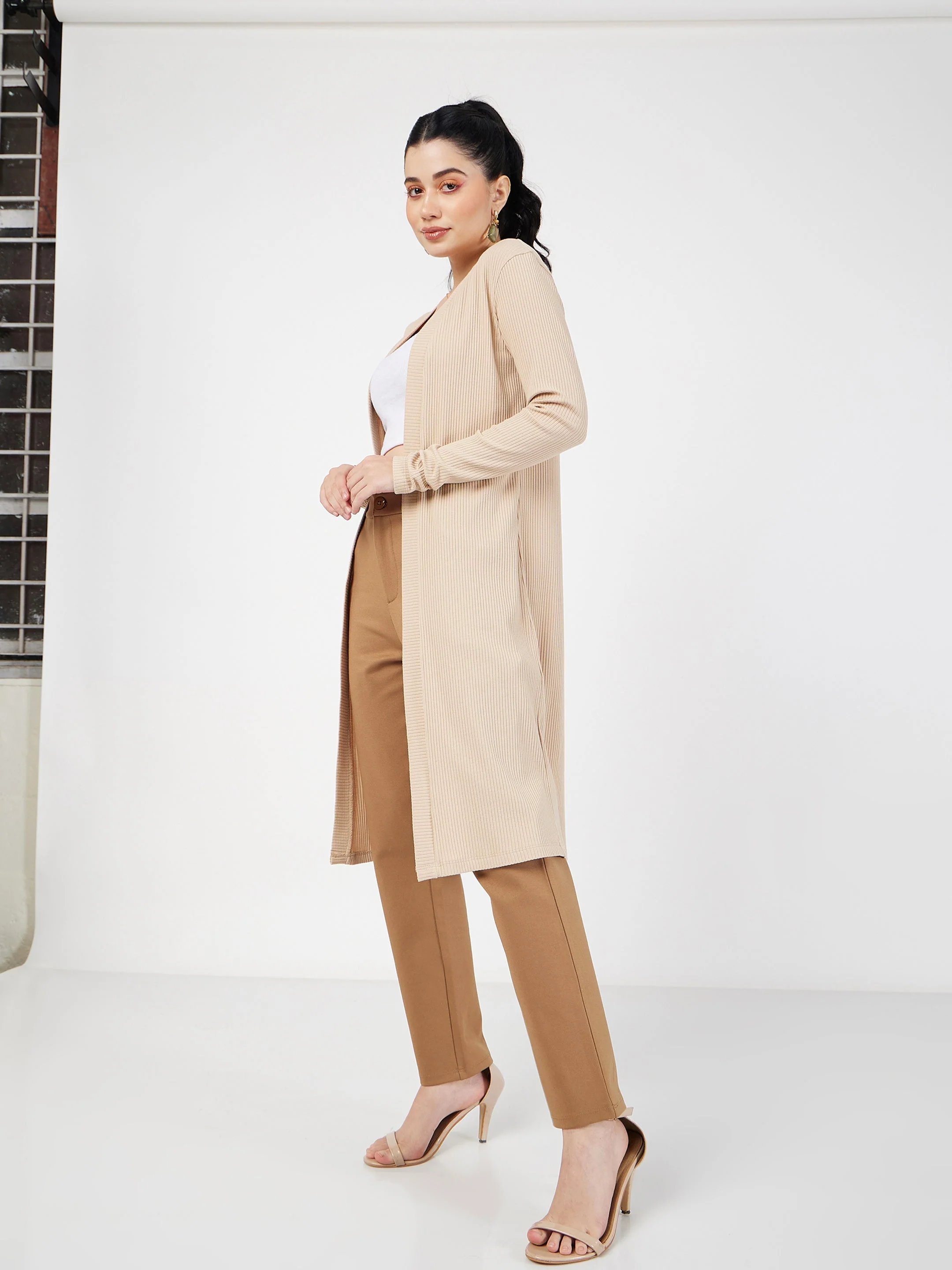 Women Beige Rib Front Open Shrug - Image 3