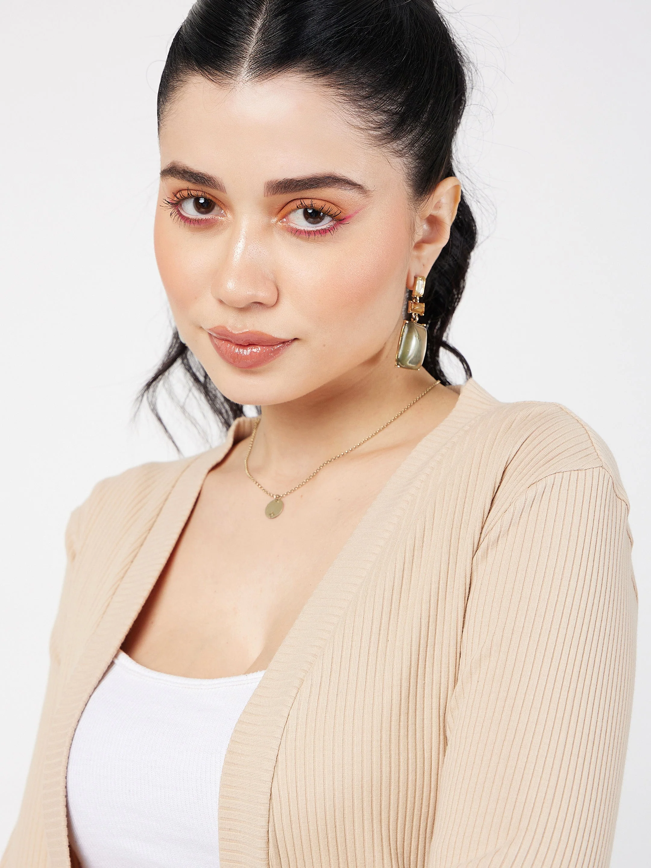 Women Beige Rib Front Open Shrug - Image 4