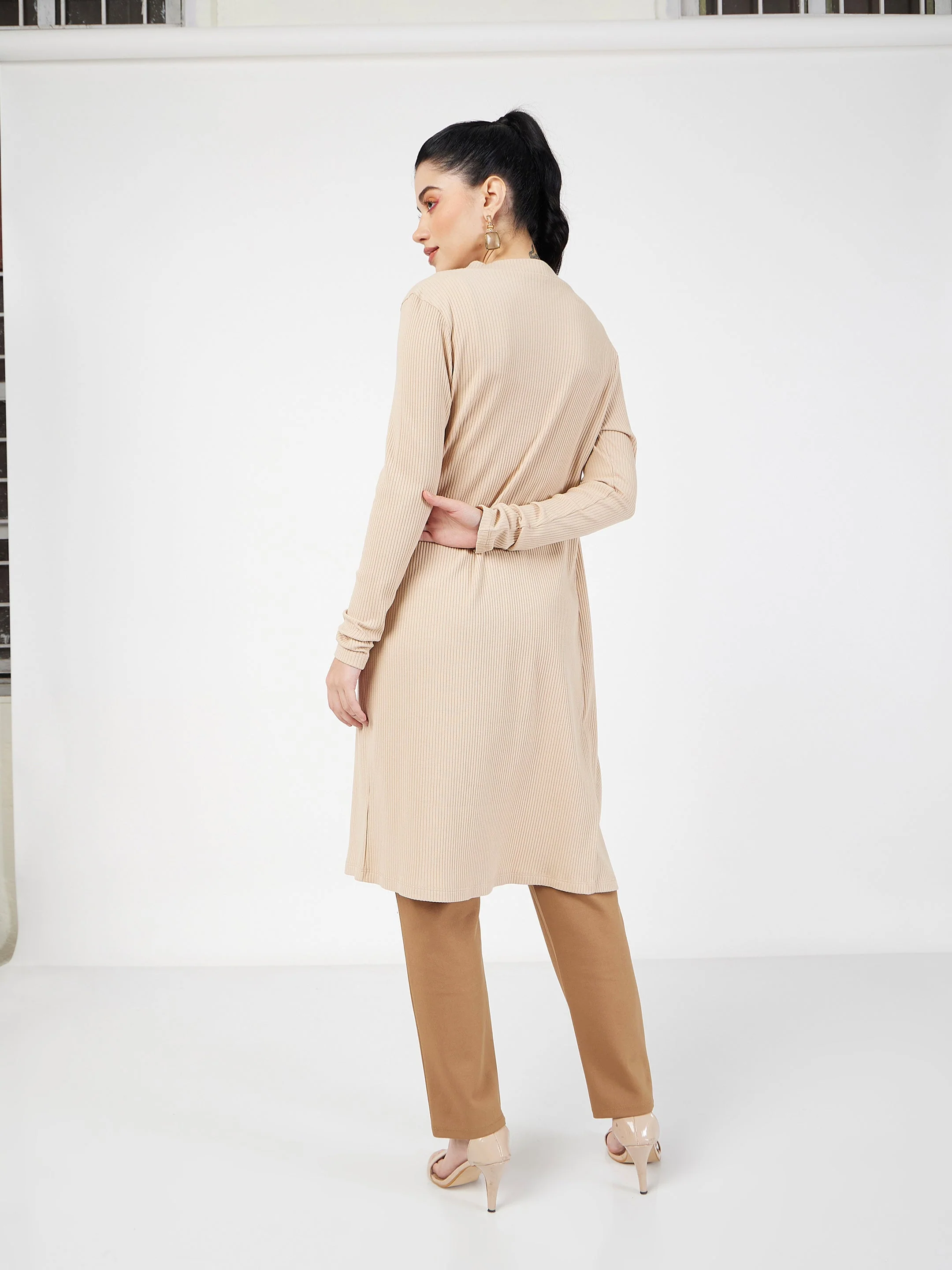 Women Beige Rib Front Open Shrug - Image 5