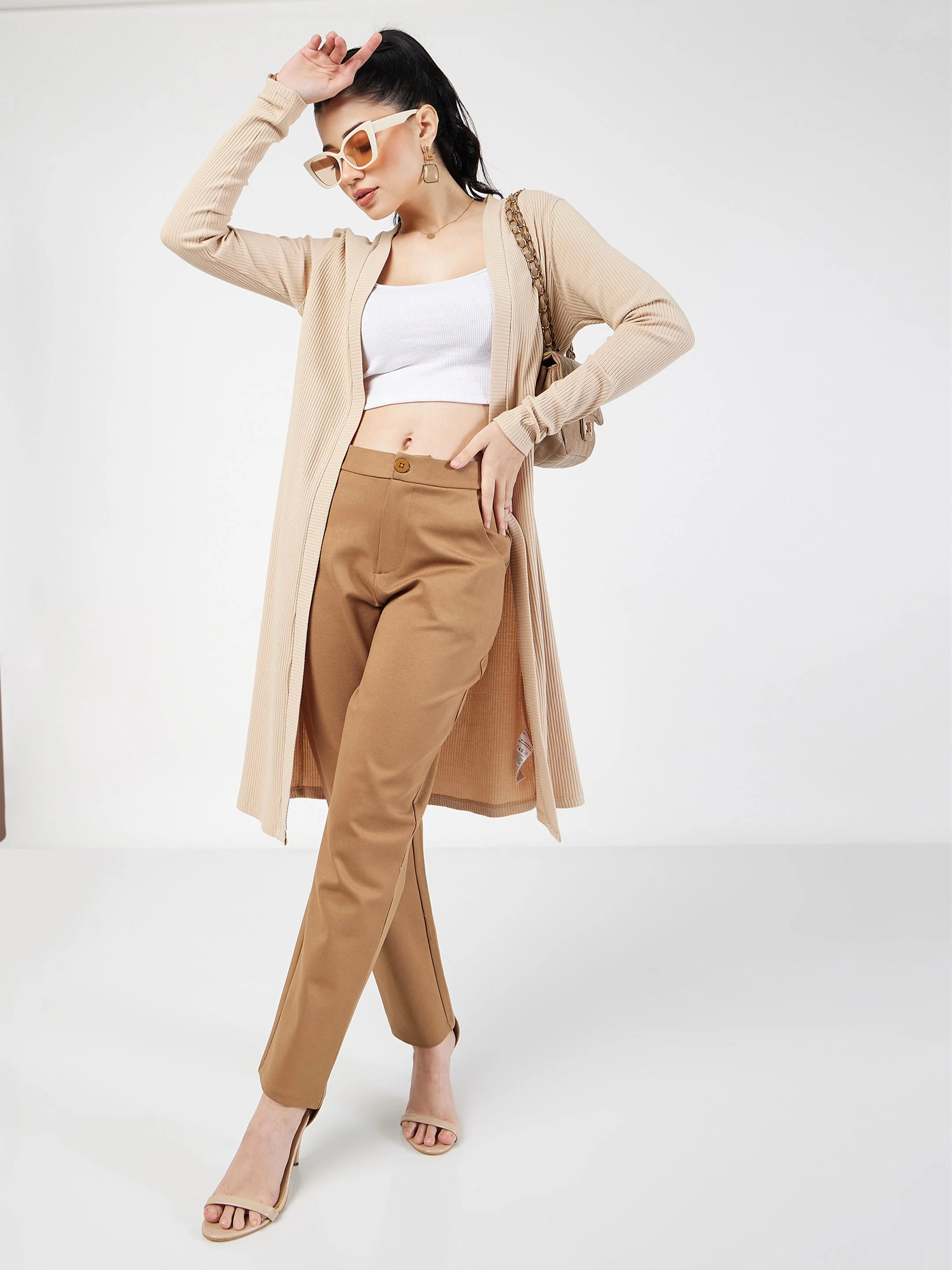 Women Beige Rib Front Open Shrug - Image 6