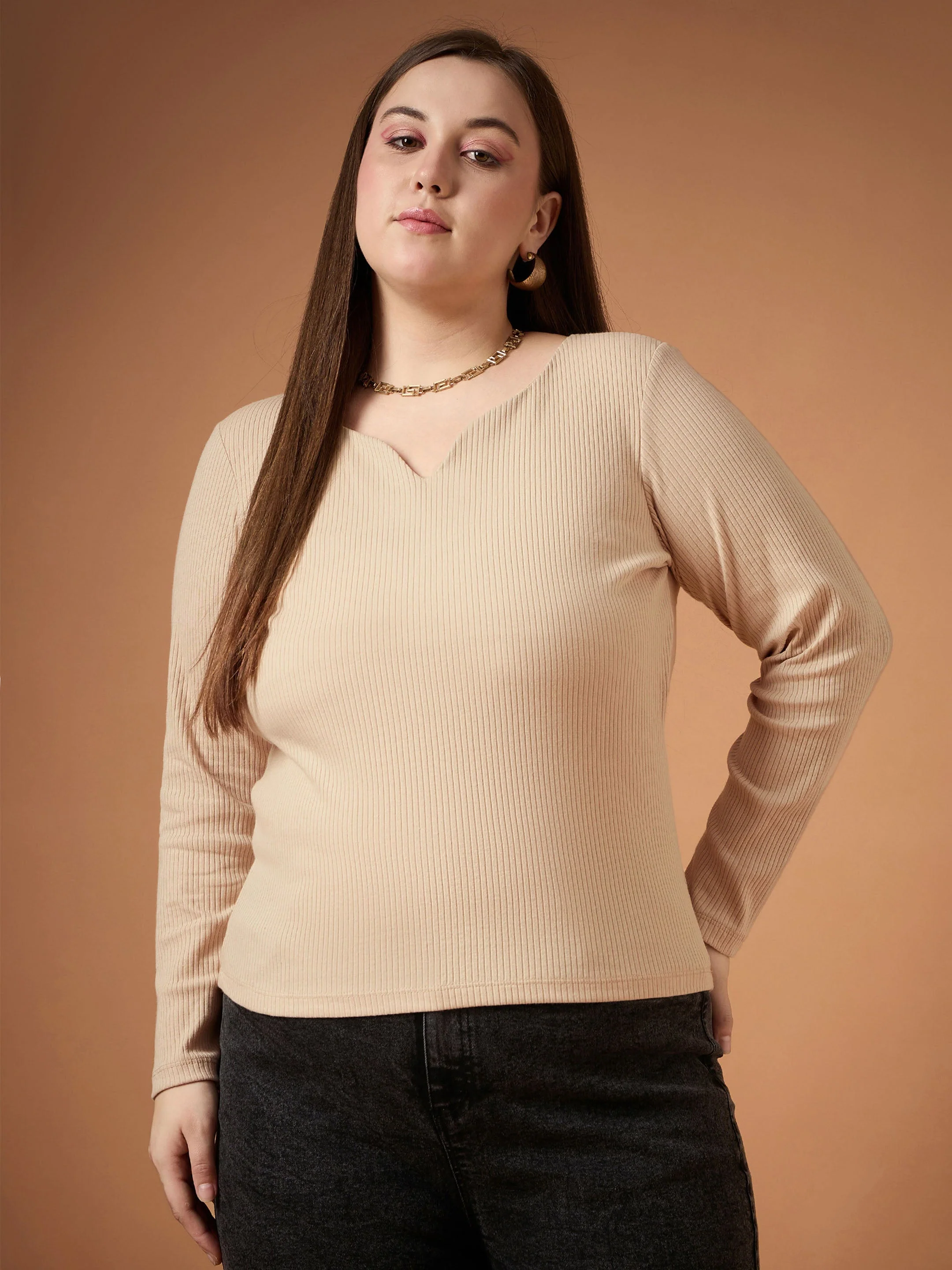 Women Beige Rib Full Sleeves Top - Image 2