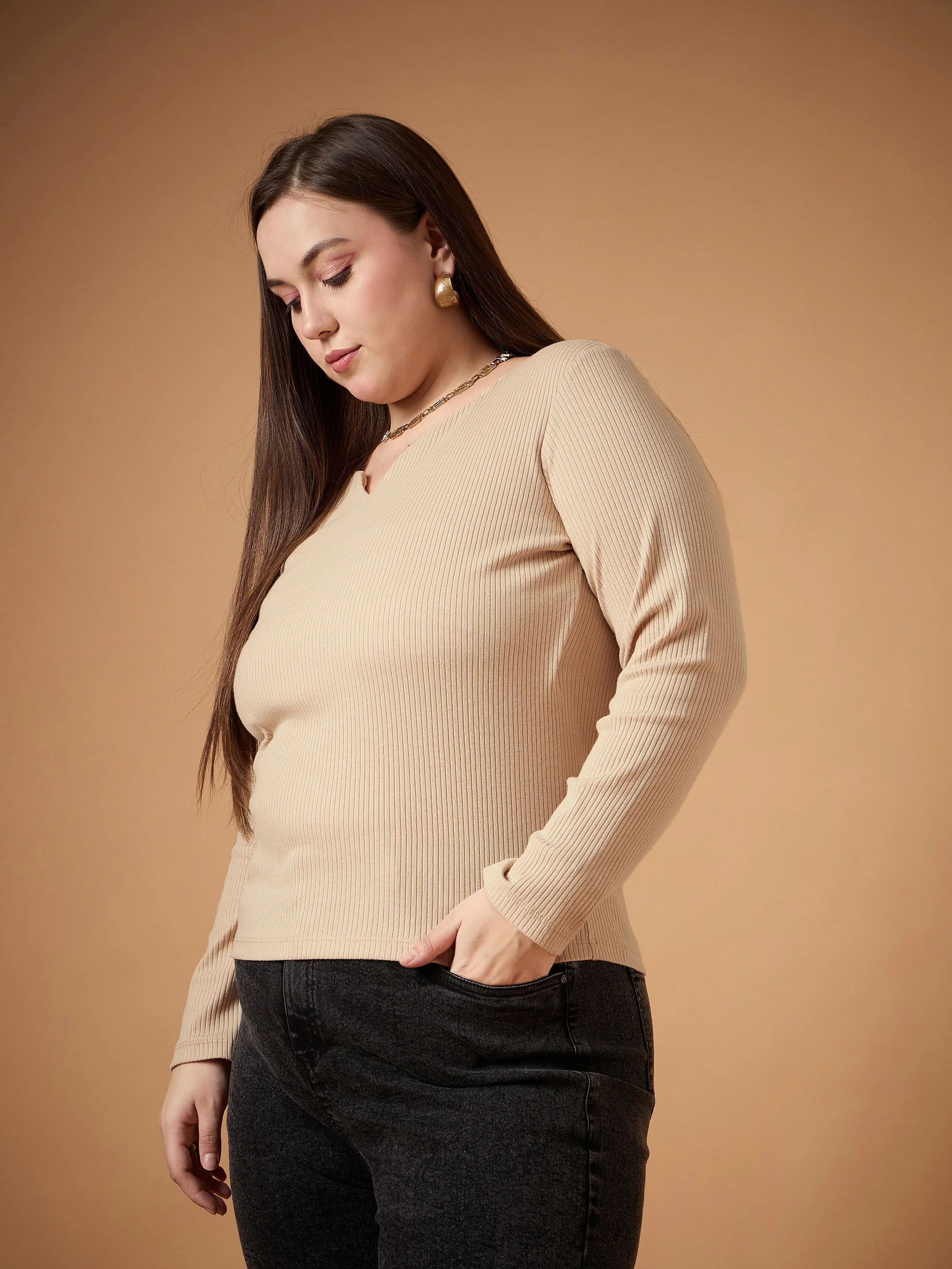 Women Beige Rib Full Sleeves Top - Image 3