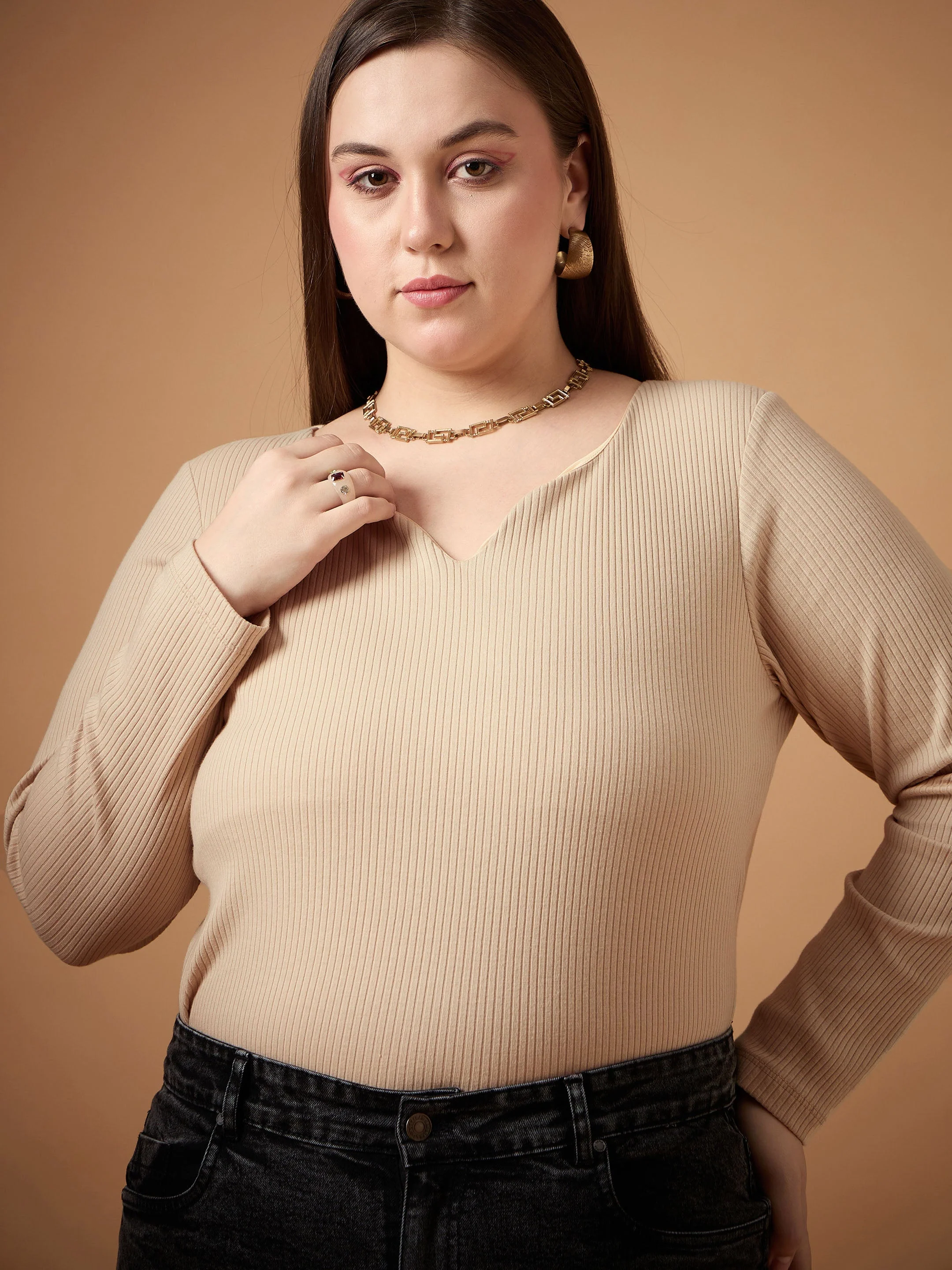 Women Beige Rib Full Sleeves Top - Image 4